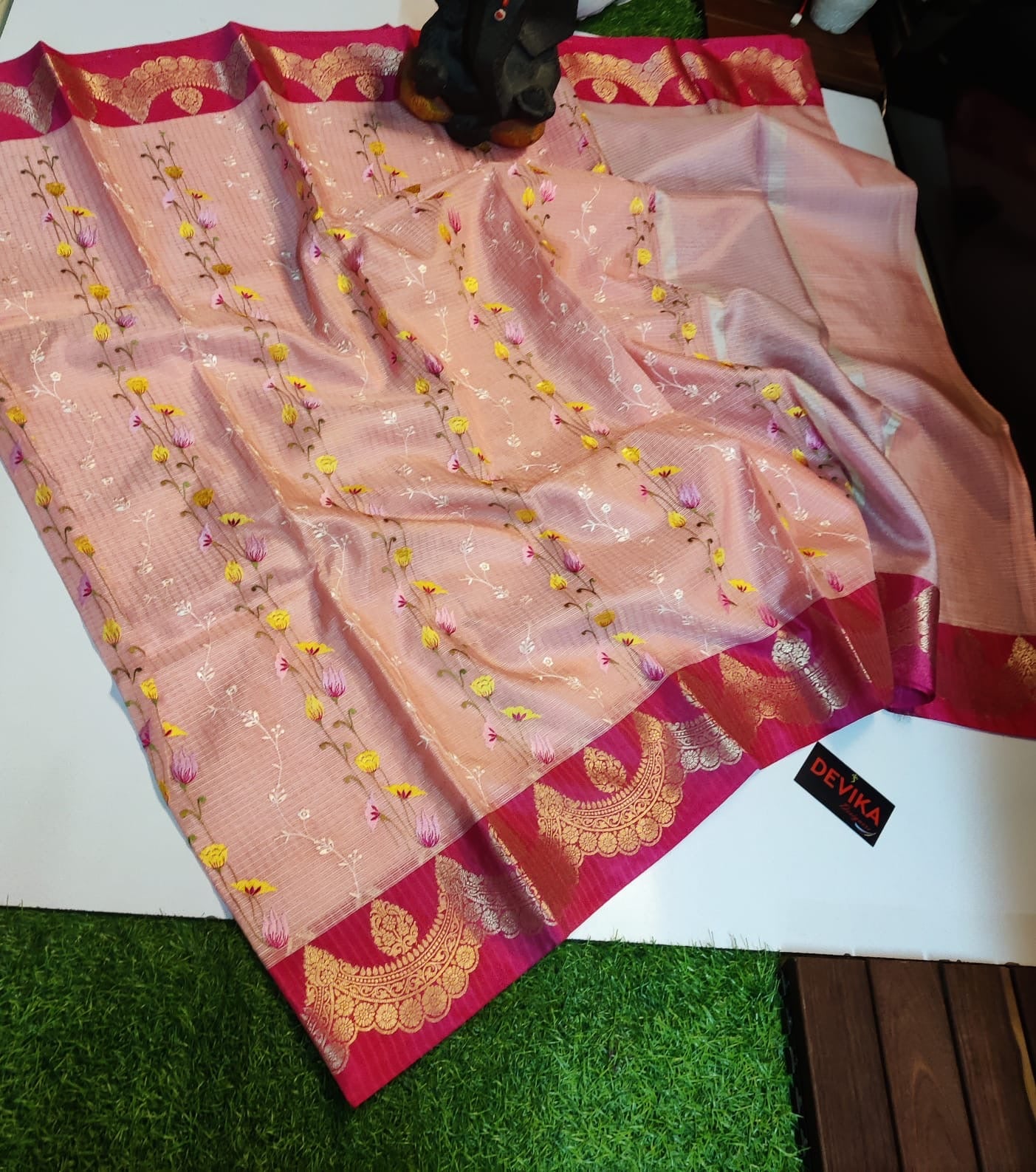 Banarasi Handloom - New Arrivals - Kota Check fabric and intricate multi-color Mina embroidery