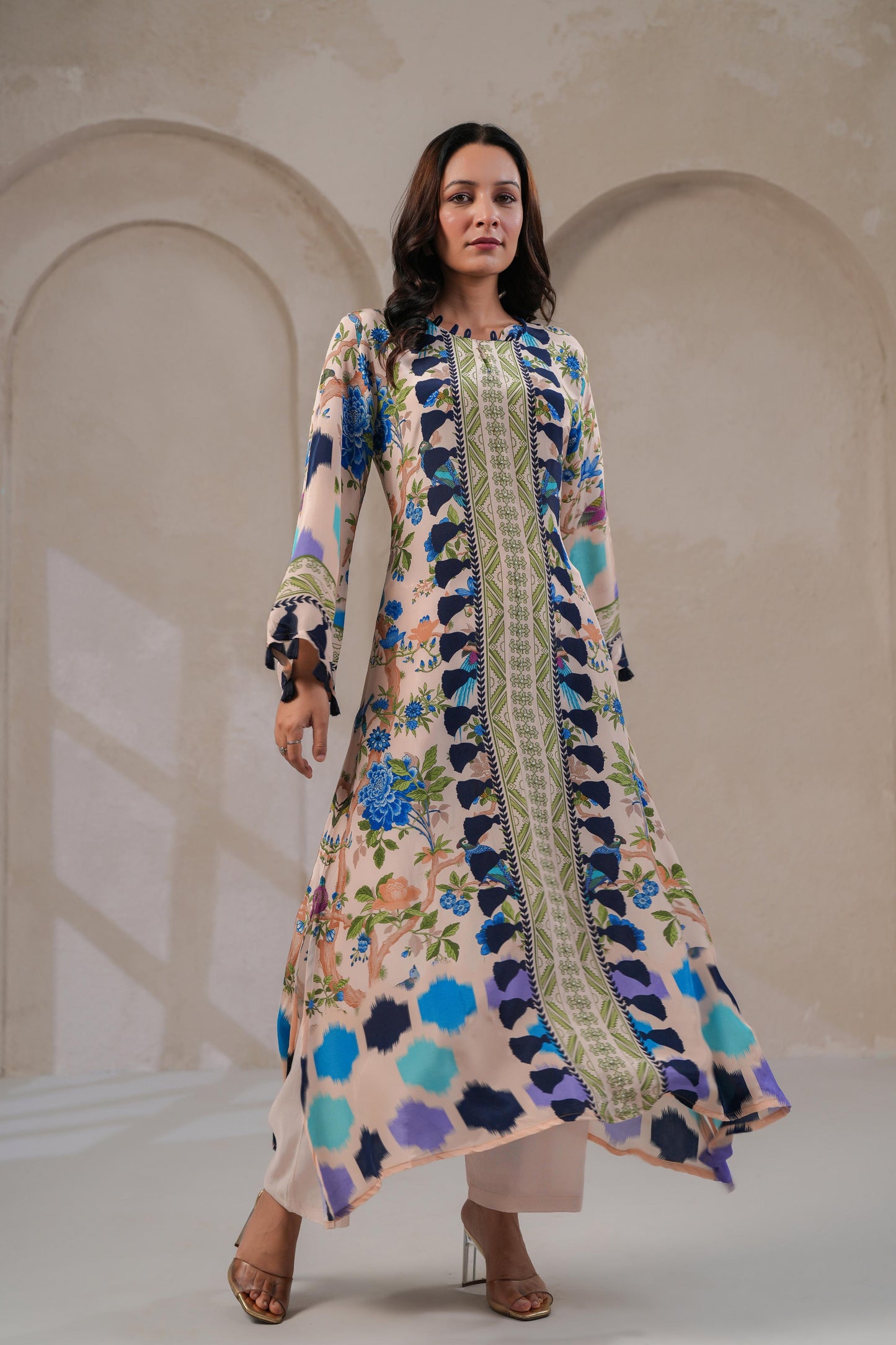 Digital Print Crepe Kurta Pant Set for Women with Tassel Detailing and Shantoon Bottom