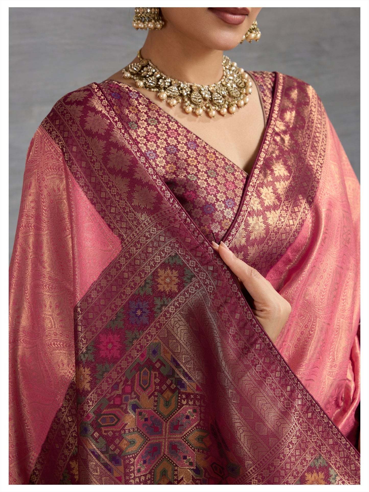Kanjivaram Soft Silk Saree with Double Zari Kadiyal Border, Meenakari Pallu and Brocade Blouse