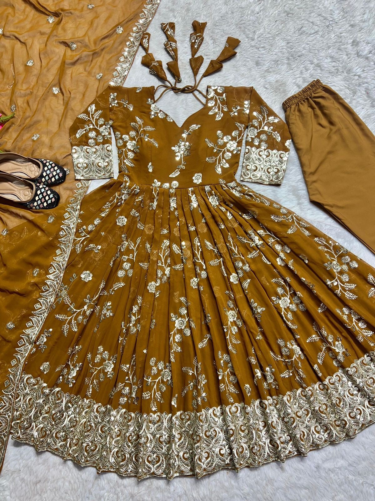Faux Georgette Anarkali Suit with Sequins Embroidery, Cotton Pants and Dupatta for Women
