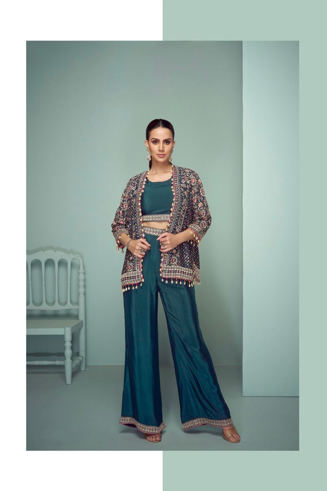 Real Chinon 3-Piece Ethnic Set with Front and Back Embroidery, Mirror Work, and Tassel Lace – Free Size Stitched