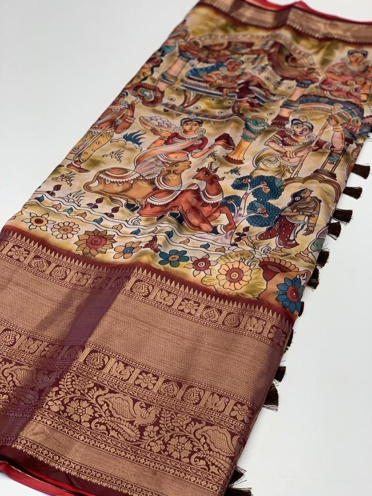 Pratibha Soft Banarasi Silk Kalamkari Block Print Designer Party Wear Saree