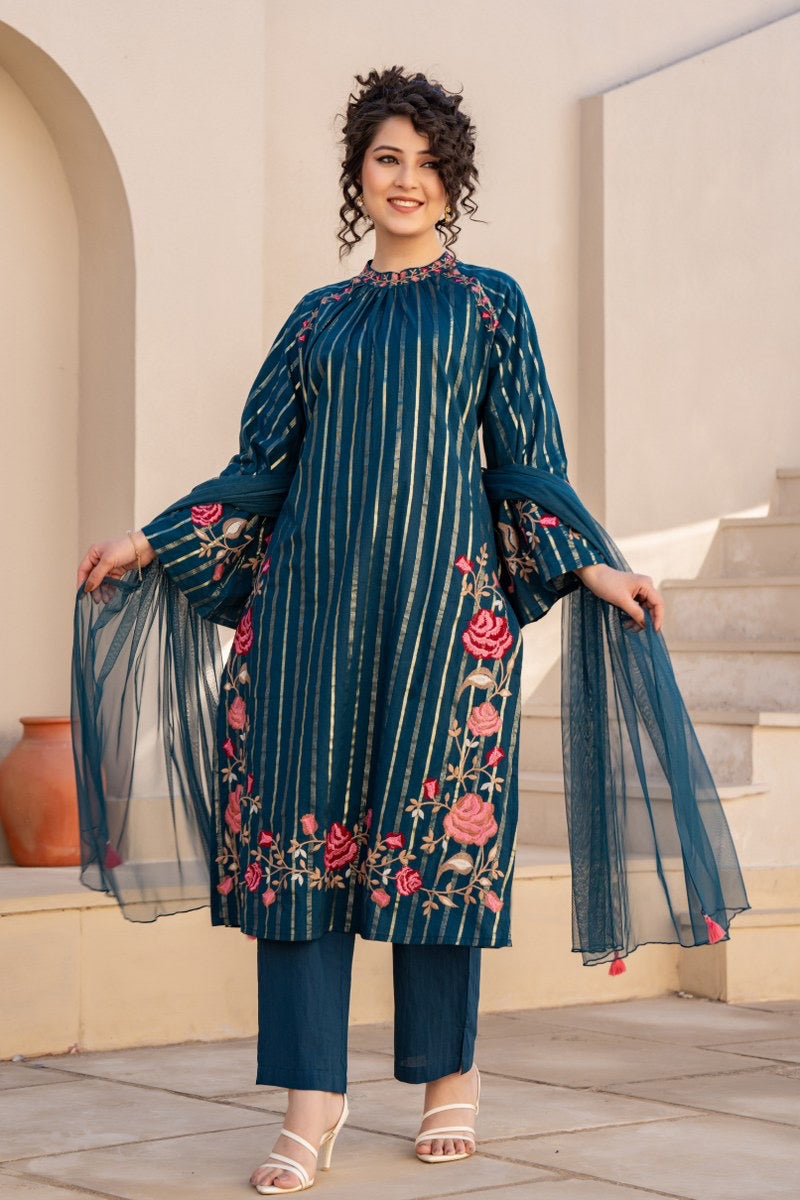 Pure Cotton Embroidered Kurta Pant Dupatta Set for Women – Available in Two Colors