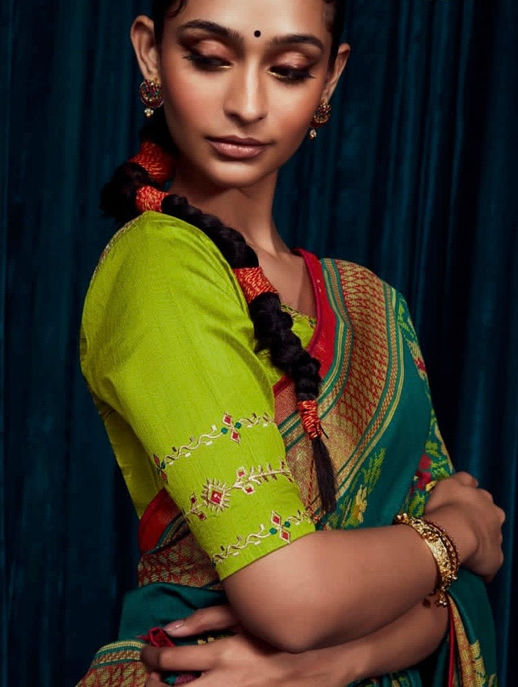 Soft Brasso Printed Saree with Fancy Border, Tassel Pallu and Work Blouse for Women – Party and Festival Wear