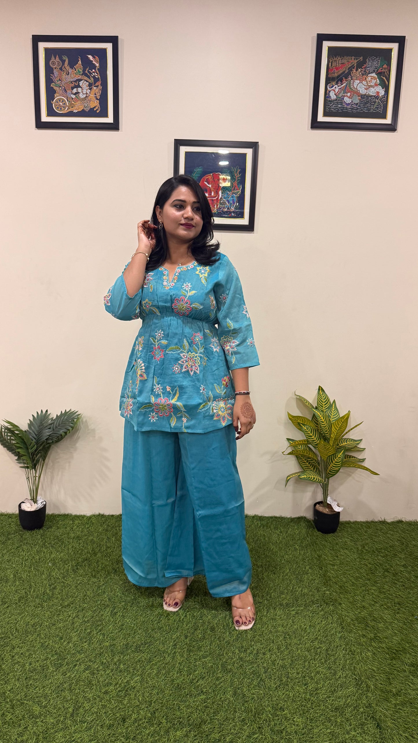 Viscose Shimmer Zari Silk Kurta Plazo Dupatta Set with Handwork and Digital Print Dupatta – Sizes XL to 3XL