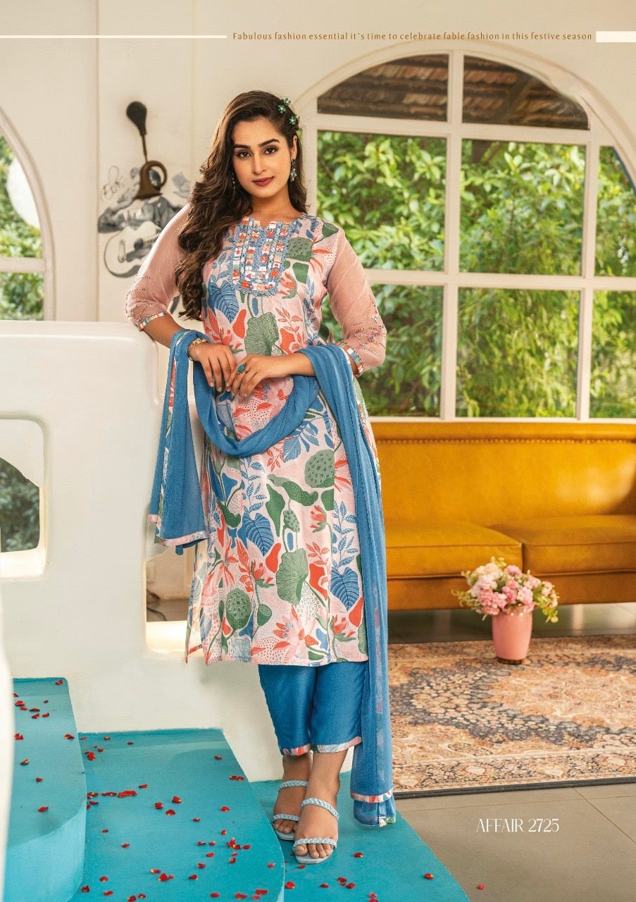 Viscose Satin Silk Kurti Pant Dupatta Set with Digital Print and Hand Embellishments for Women – XL to 3XL