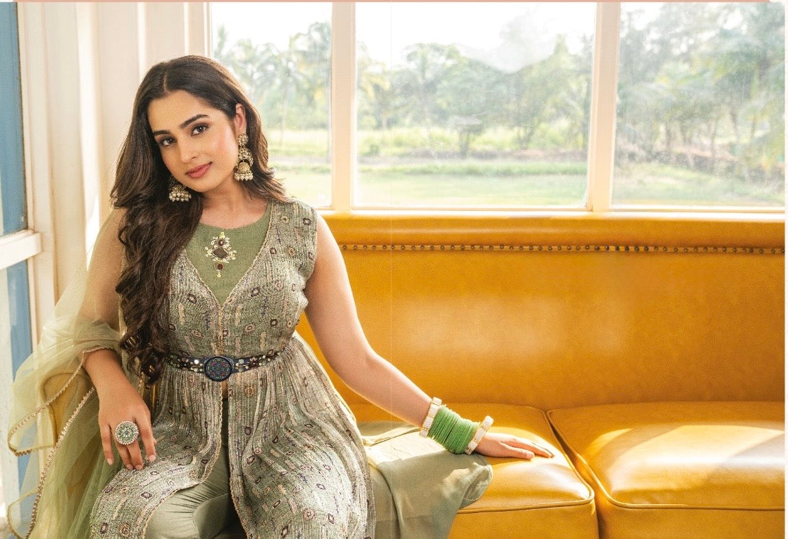 Nyra Cut Crochet Georgette Kurti Set with Jaam Silk Pant, Net Dupatta and Handwork Belt – Sizes L, XL