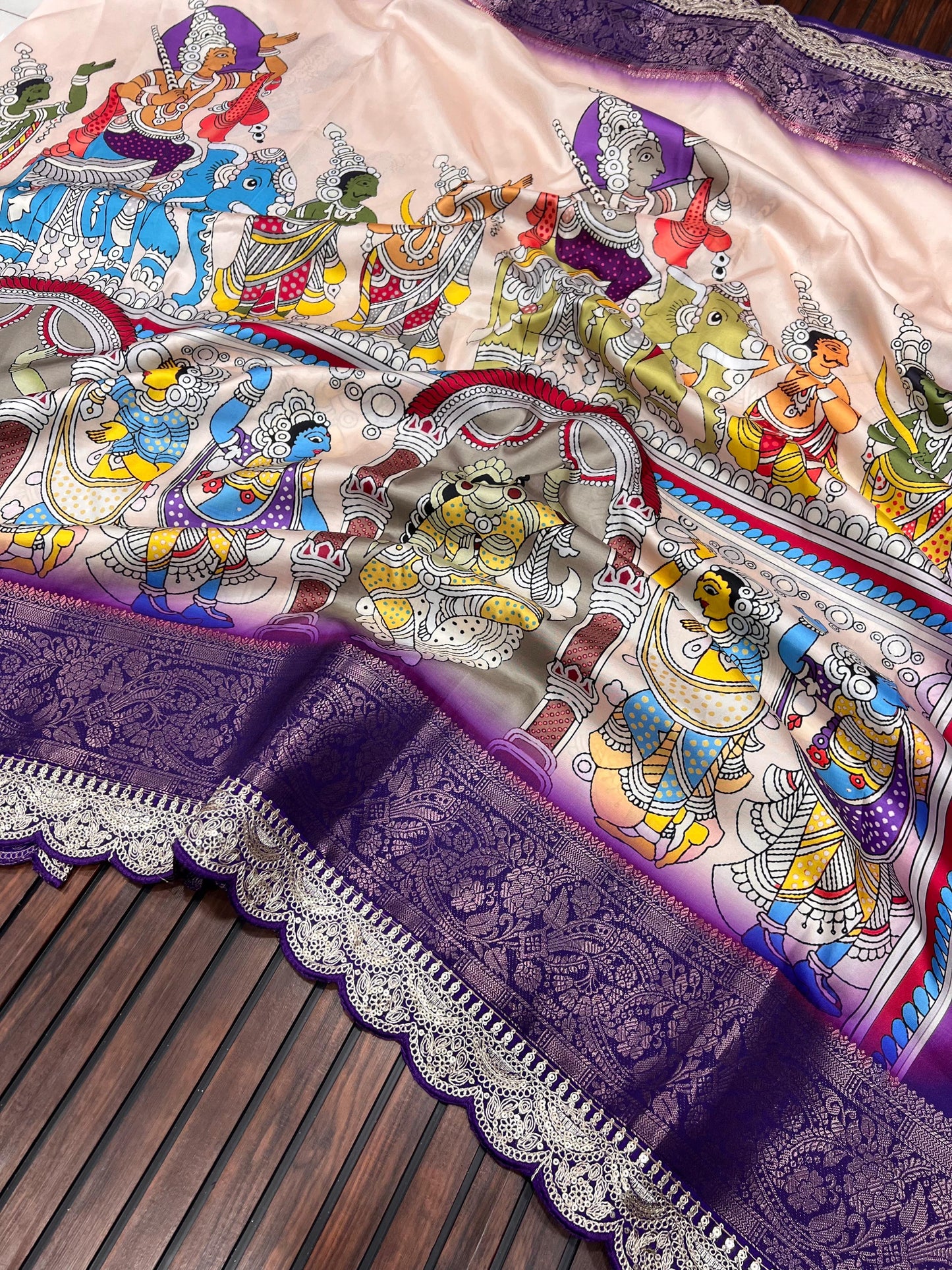 Pure Dola Lichi Soft Silk Saree Pure Pichwai Print Kalamkari High-Quality HD Digital Printing with Heavy Coding Sequence