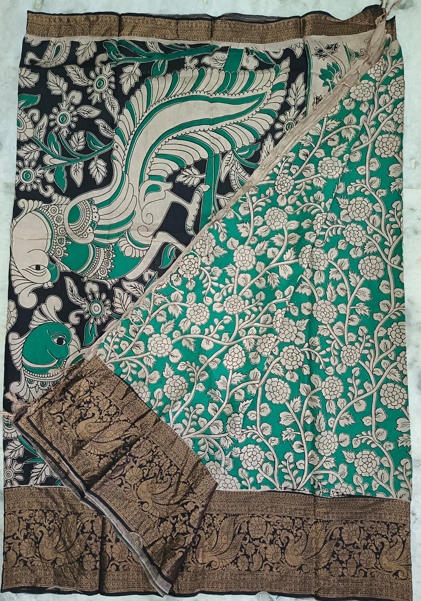 Handloom Nellore Silk Saree with Kanchi Border & Kalamkari Print