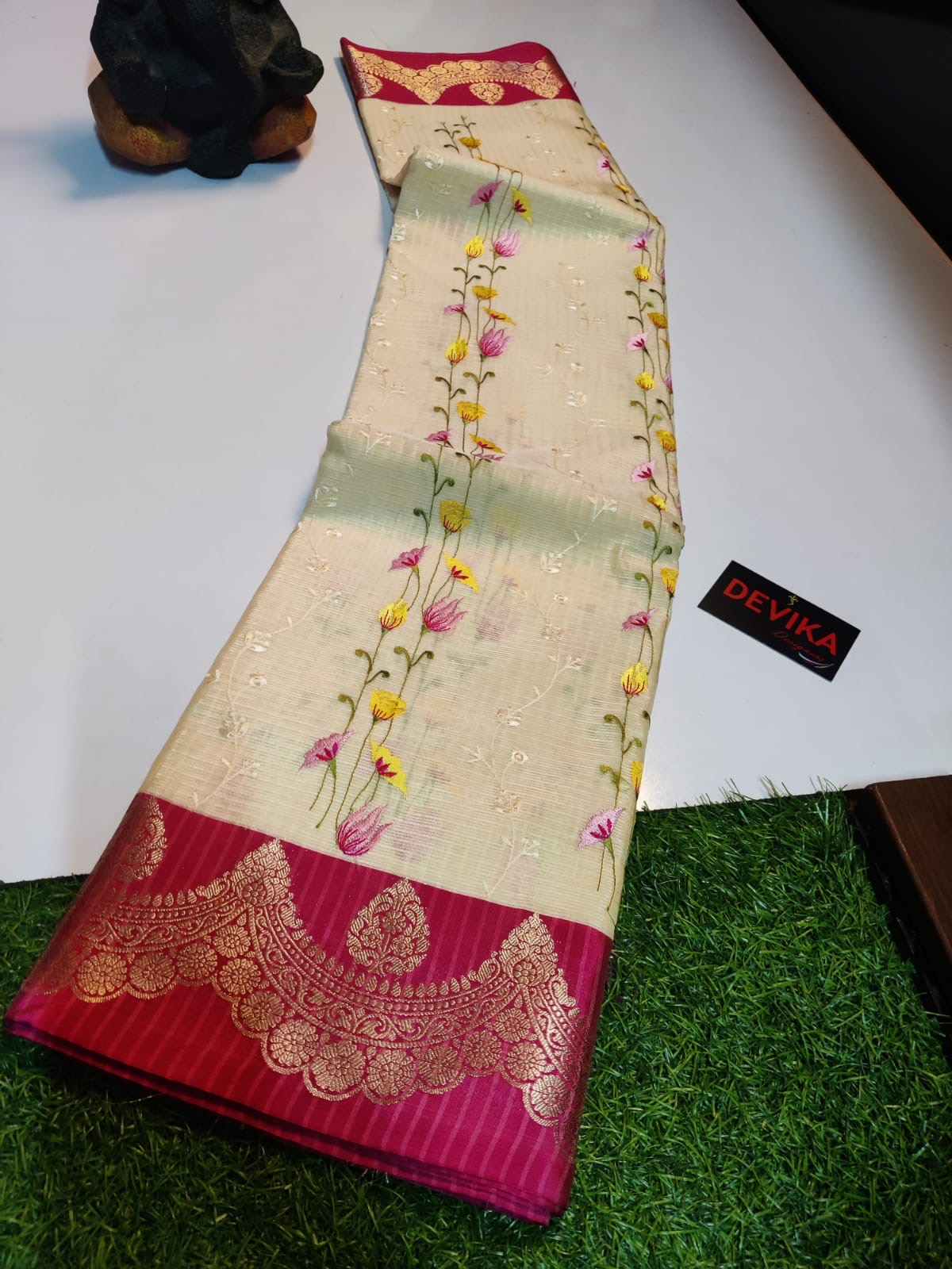 Banarasi Handloom - New Arrivals - Kota Check fabric and intricate multi-color Mina embroidery