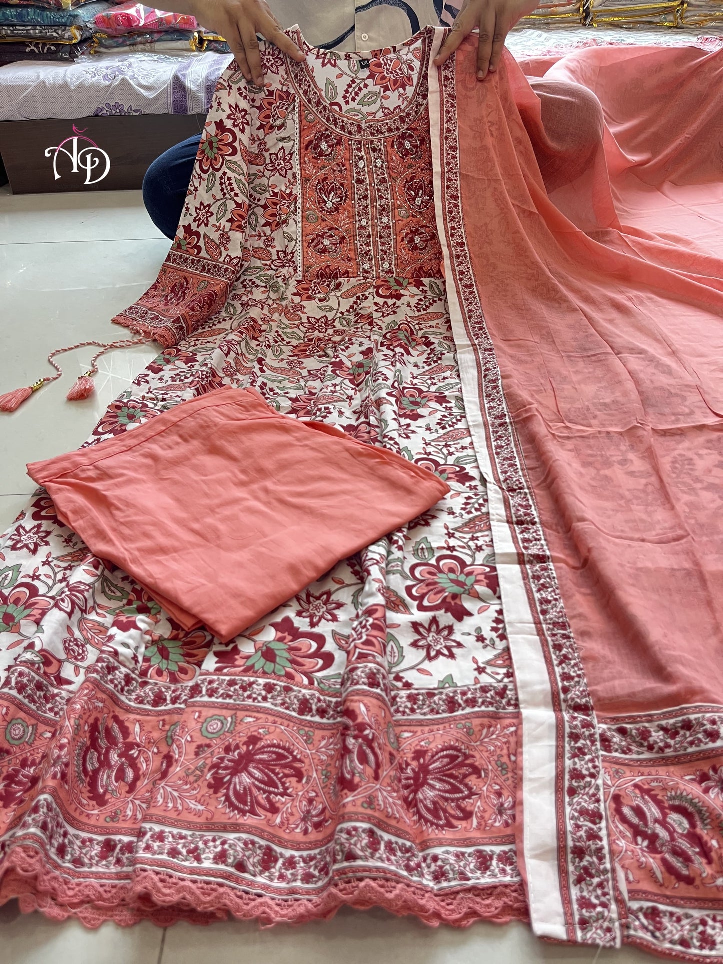 Pure Cotton Anarkali Suit Set with Hand Embroidery, Zari Weaving & Lace Dupatta – Sizes L to 3XL