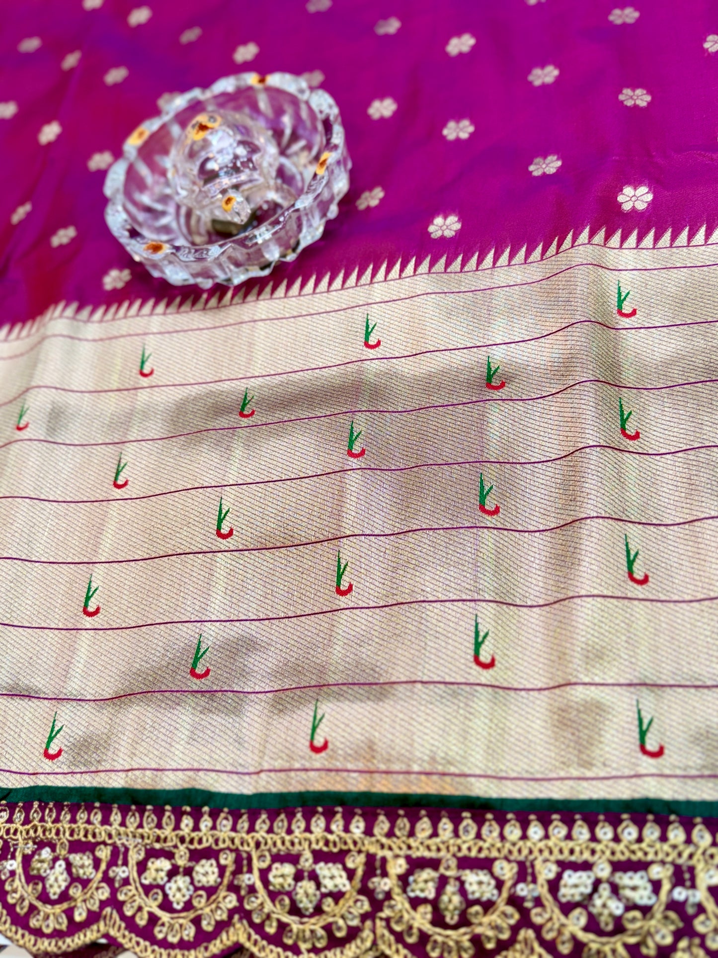 Paithani Lace Border Saree with Parrot Motifs and Contrast Blouse