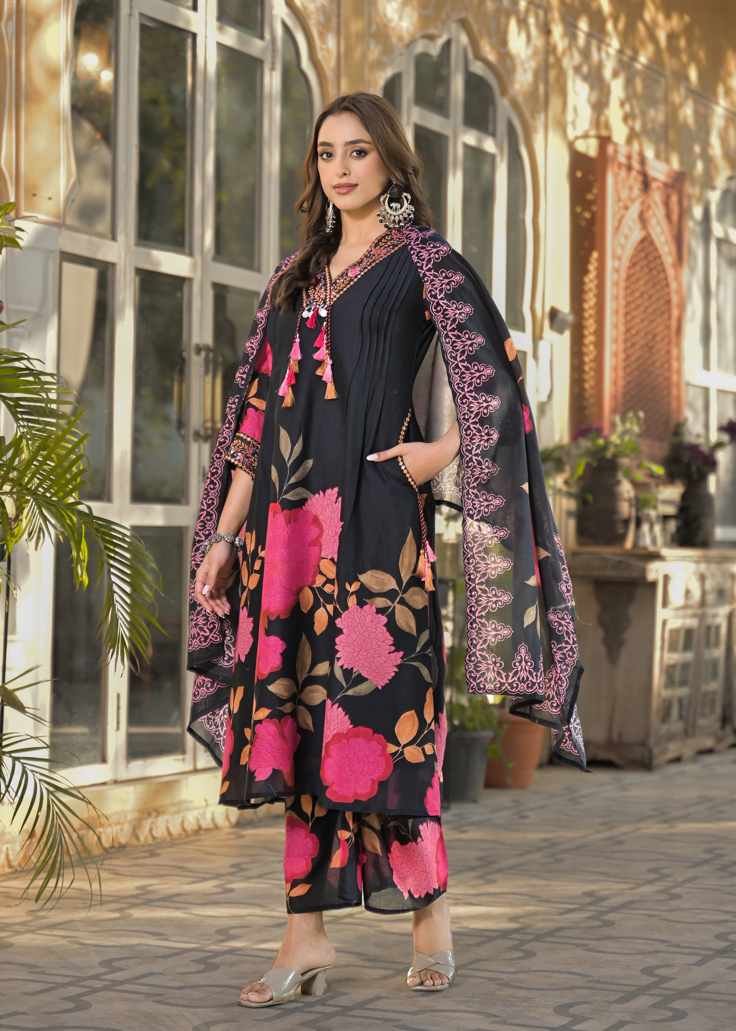 Floral Cotton Kurta Pant Dupatta Set with Pintuck Design Thread and Sequence Work for Women