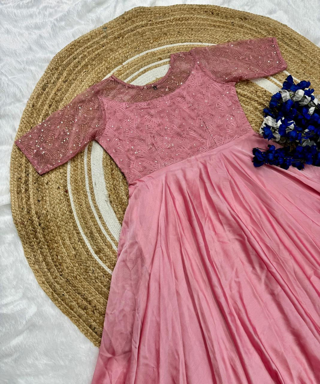 Stunning Pastel Pink Party Wear Gown with Butterfly Net and Embroidery