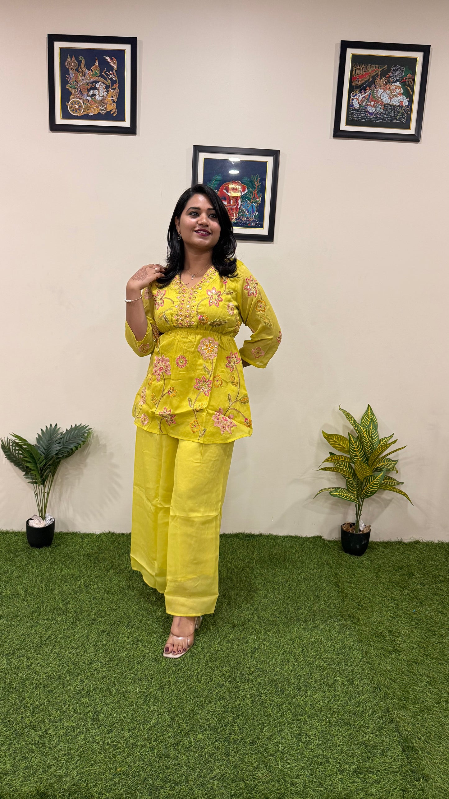 Viscose Shimmer Zari Silk Kurta Plazo Dupatta Set with Handwork and Digital Print Dupatta – Sizes XL to 3XL