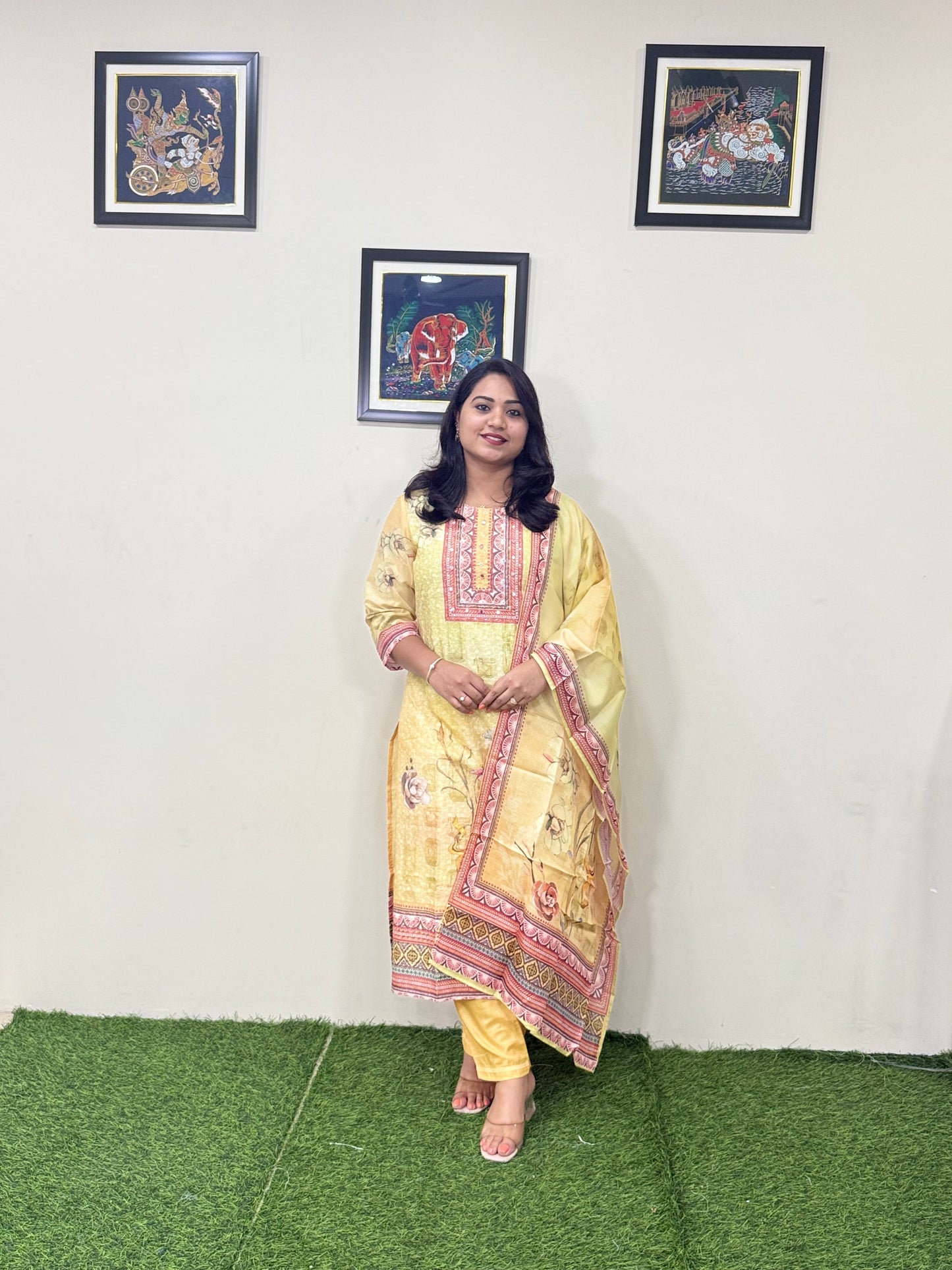 Cotton Schiffli Digital Print Suit Set with Muslin Dupatta and Khatli Handwork – L to 3XL