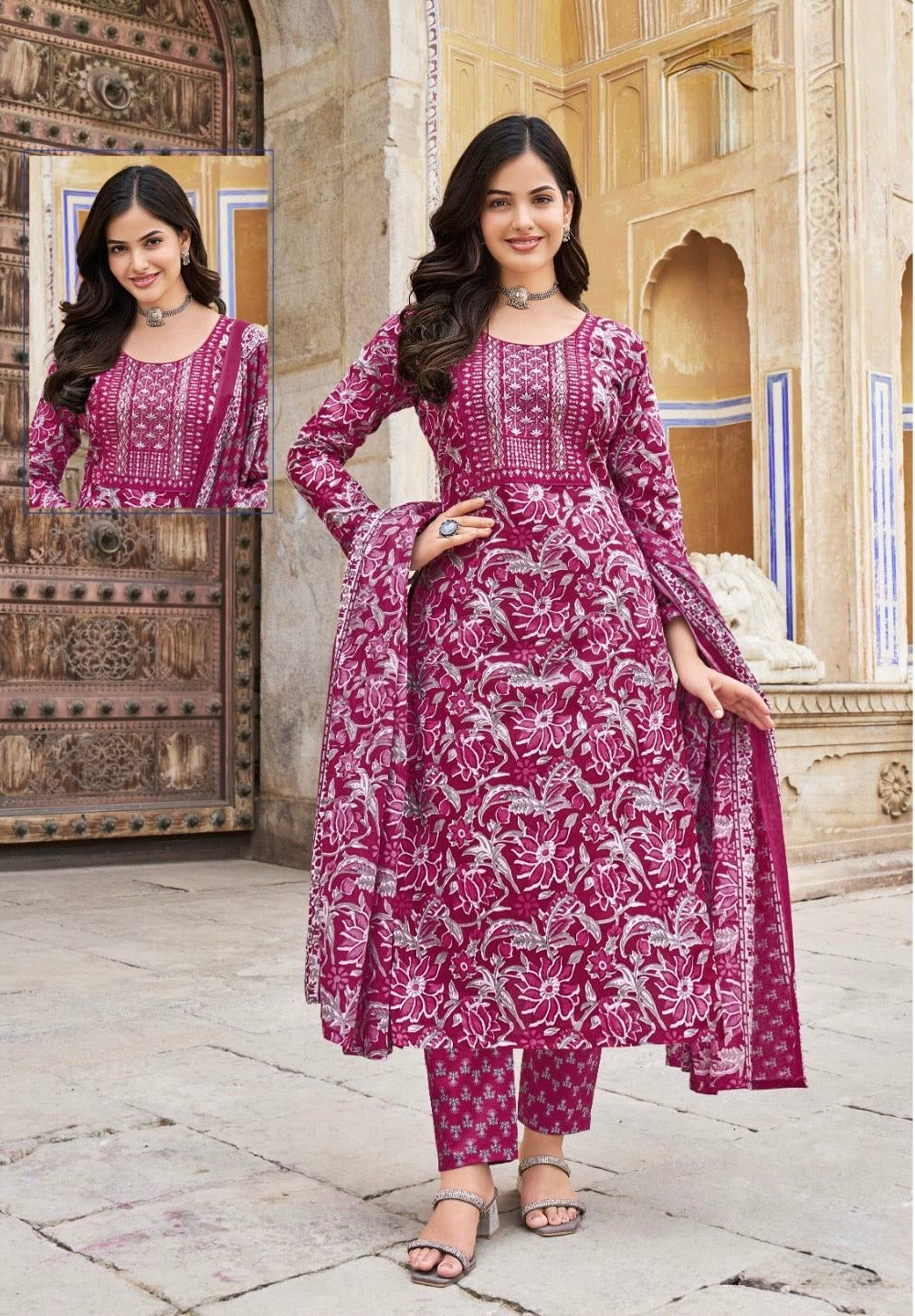 Cambric Cotton Embroidered Kurta Set with Pant and Malmal Dupatta for Women (L to 3XL)