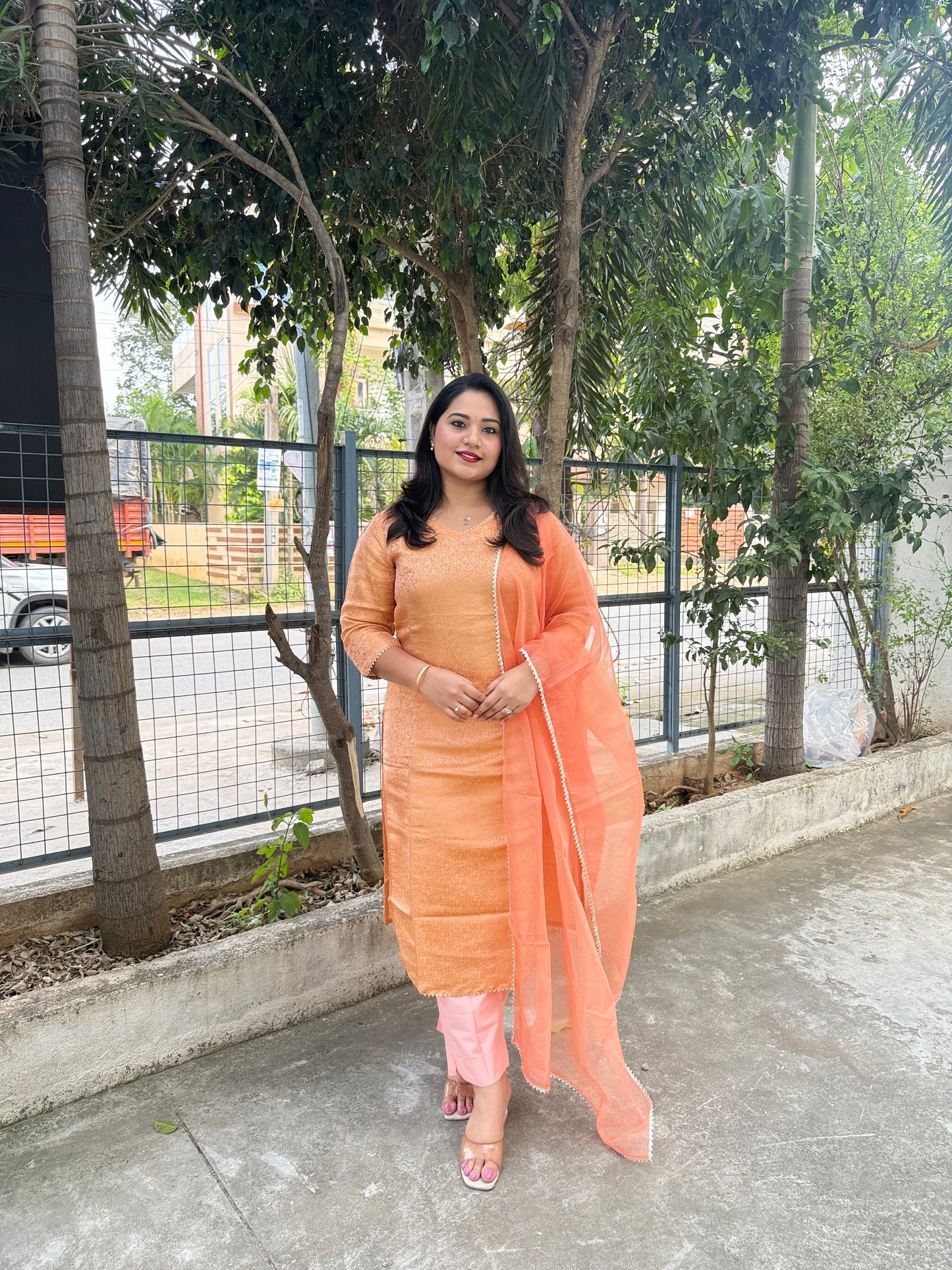 Brocade Banarasi Straight Kurta Pant Set with Organza Dupatta for Women