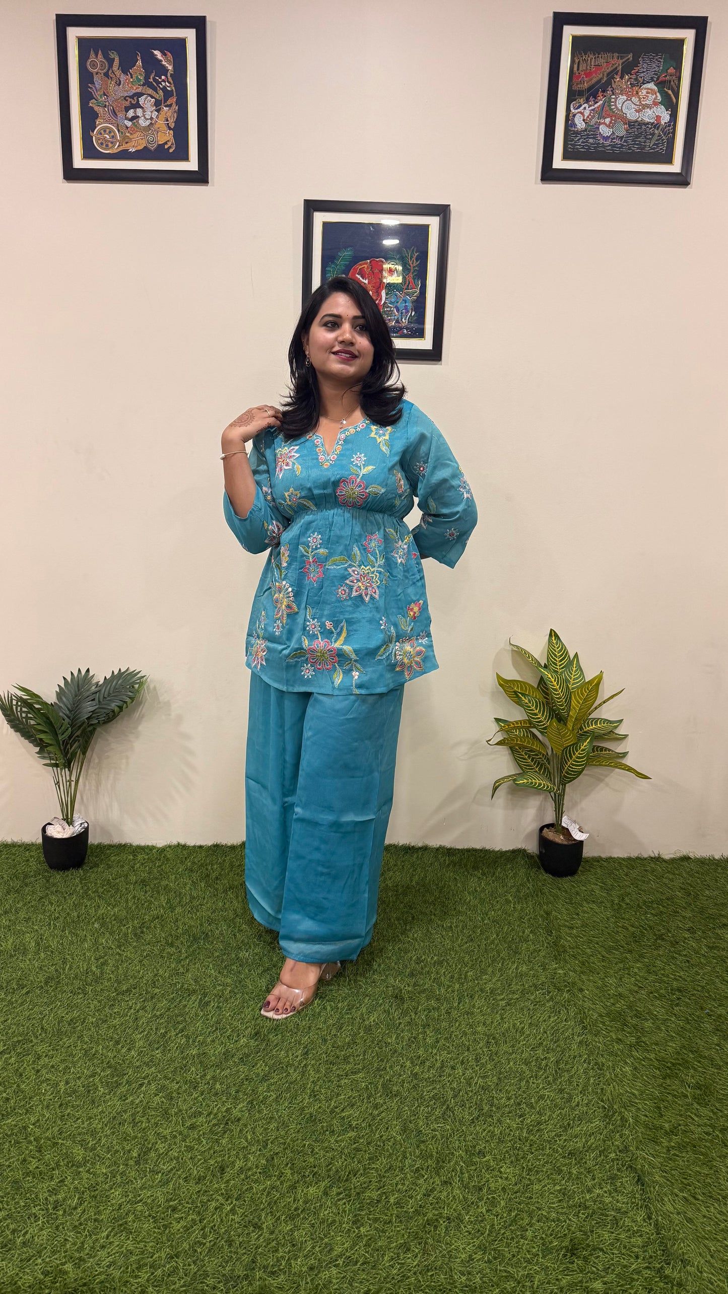 Viscose Shimmer Zari Silk Kurta Plazo Dupatta Set with Handwork and Digital Print Dupatta – Sizes XL to 3XL