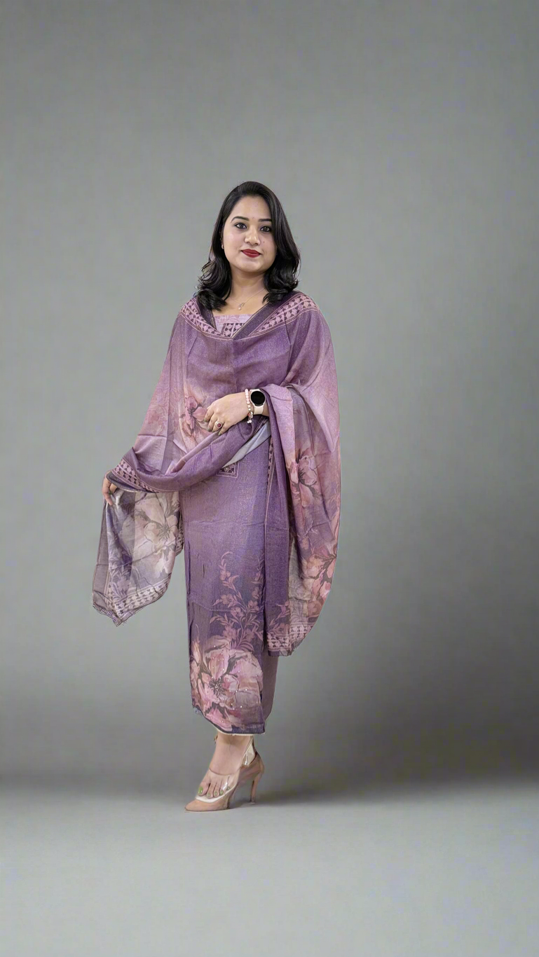 Pure Viscose Muslin Shimmer Fabric with Digital Printing, featuring Heavy Aari Sequence Mirror Work