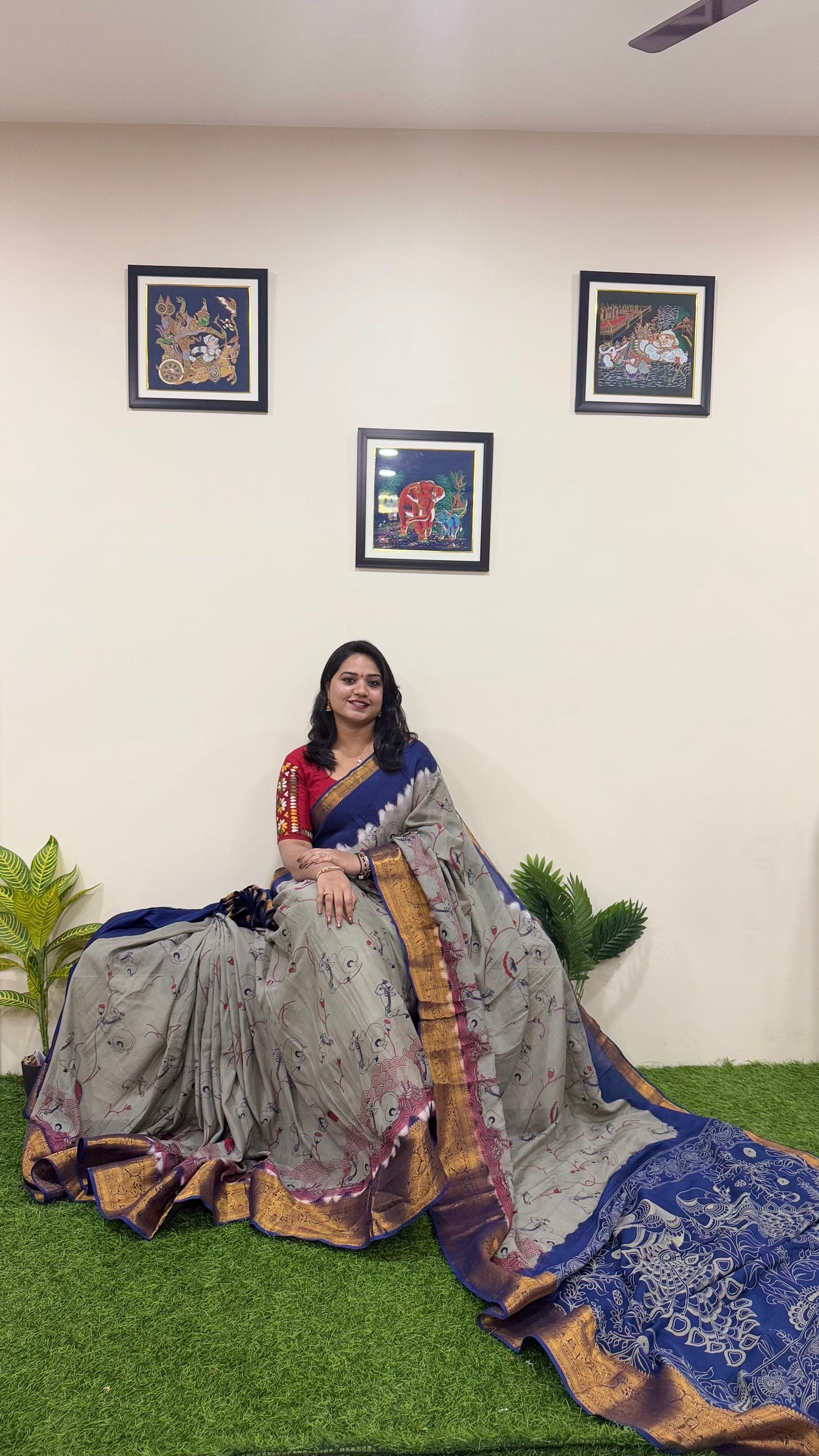 Exquisite Chennuri Pure Silk Saree with Kanchi Borders & Outline Kalamkari Designs