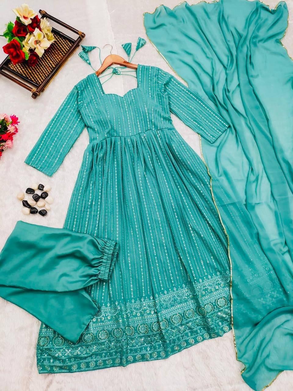 Pastel Blue Pure Fox Georgette Multi Floral Print Anarkali Set