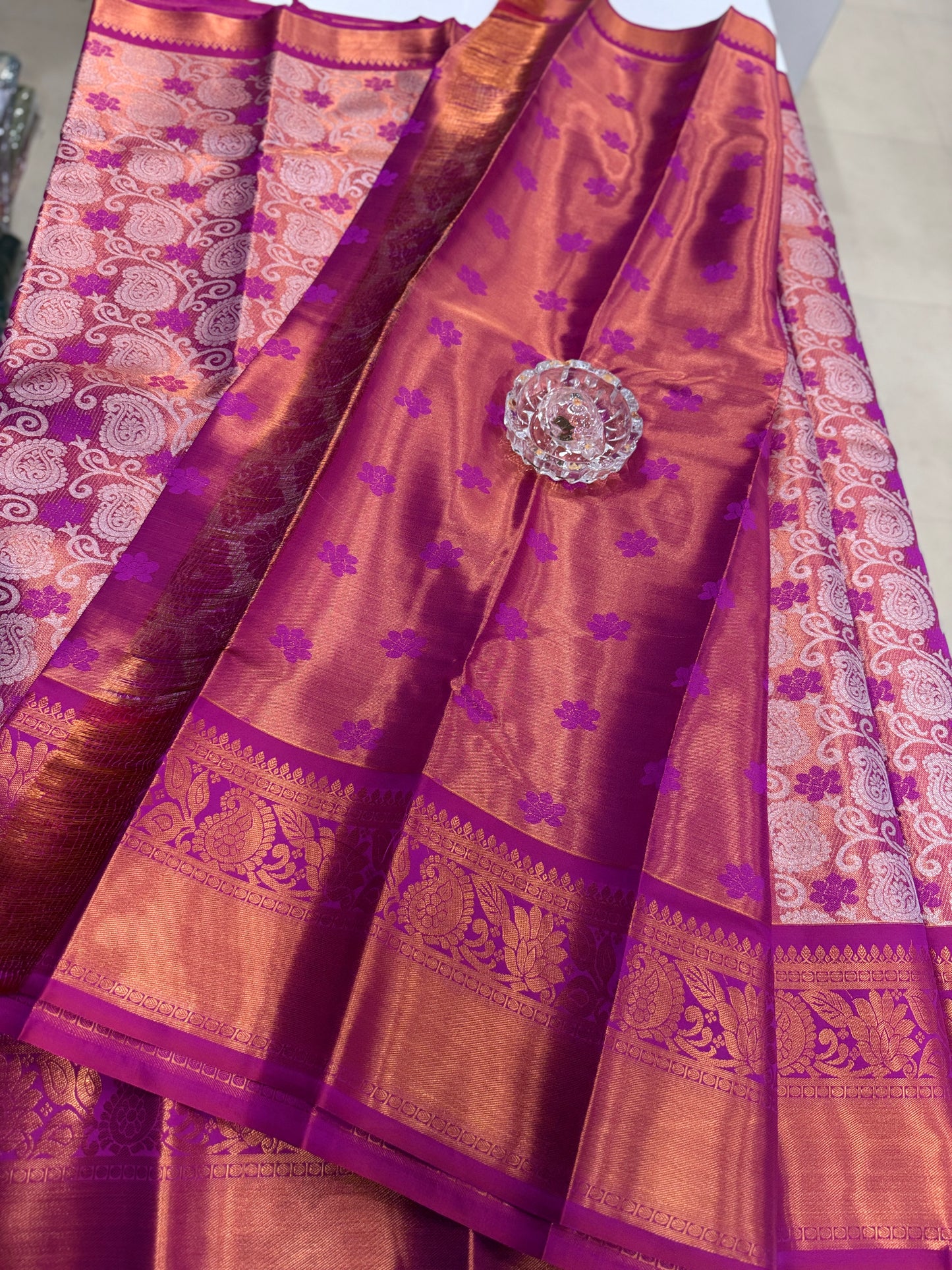 Bridal tissue saree for women with woven zari work and contrast border, kanchipuram style powerloom saree with blouse fabric