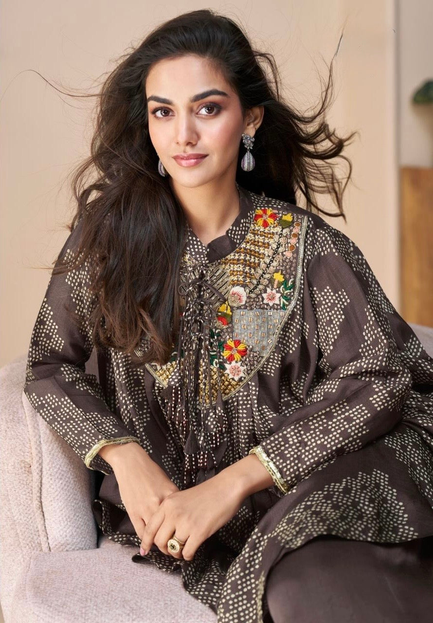 Premium Real Chinon Silk Poncho Style Embroidered Top with Palazzo – Free Size Stitched