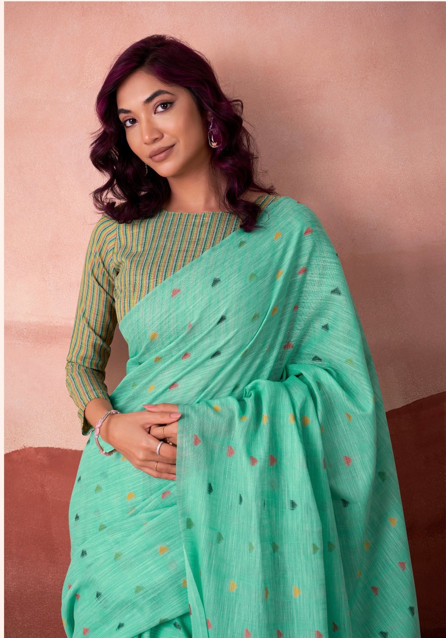 linen silk printed saree with geometric pallu and multicolor motifs – ethnic wear for women