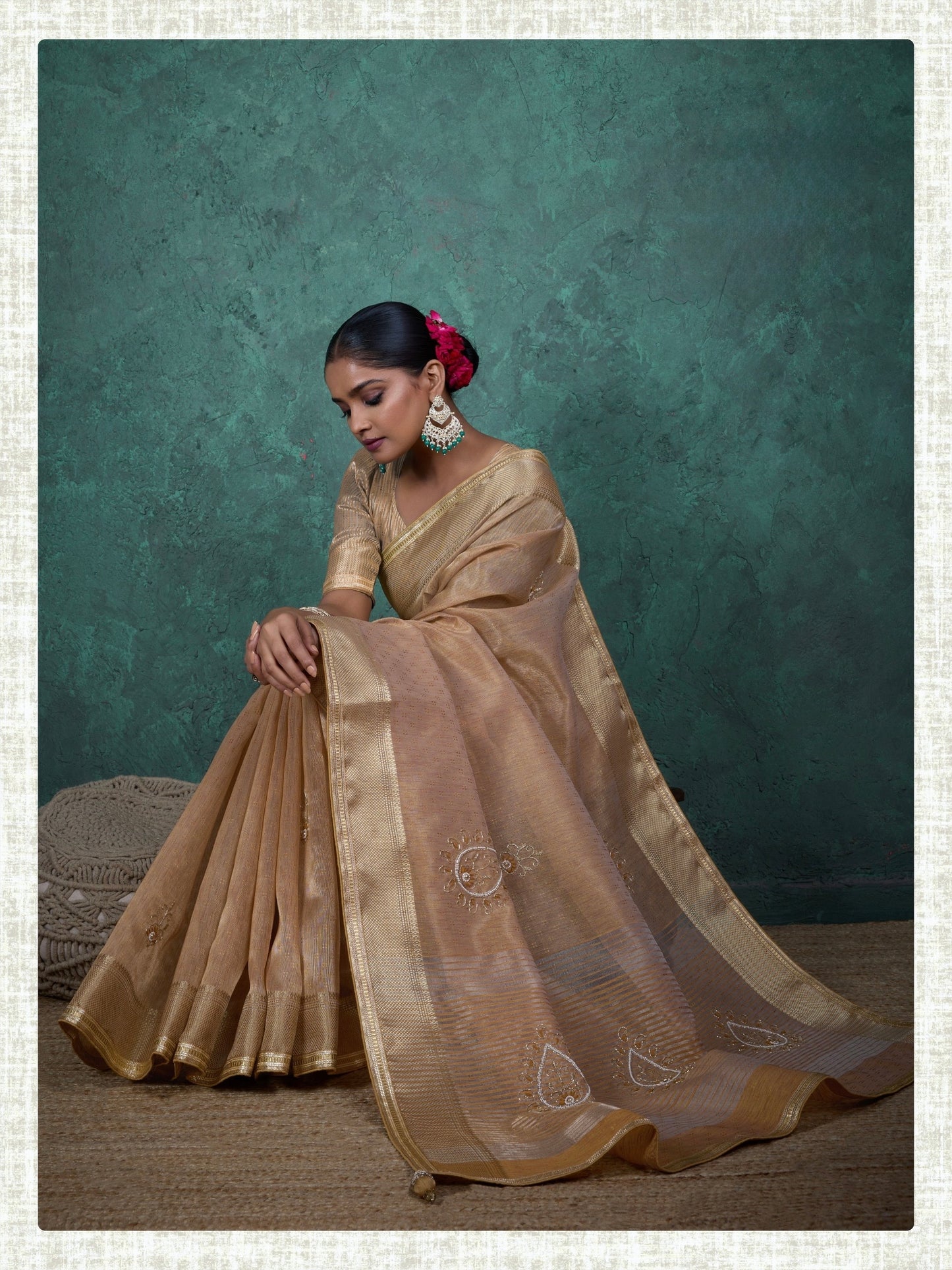 linen tissue saree with handwork motifs, lace detailing, and designer blouse – lightweight ethnic wear for women