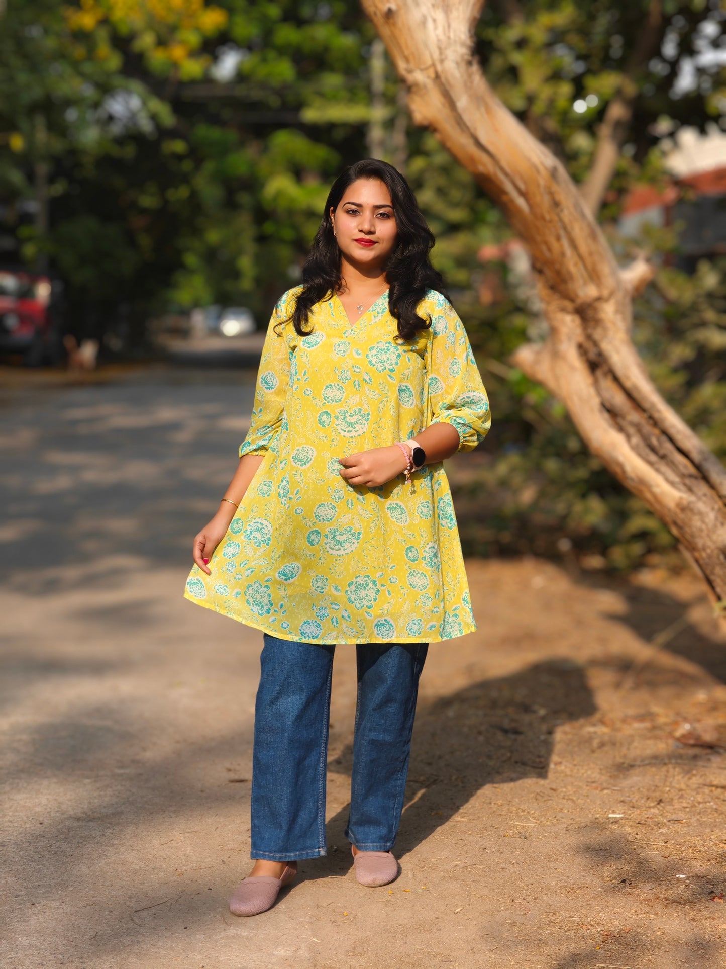 Lime Floral Design Georgette Tunic