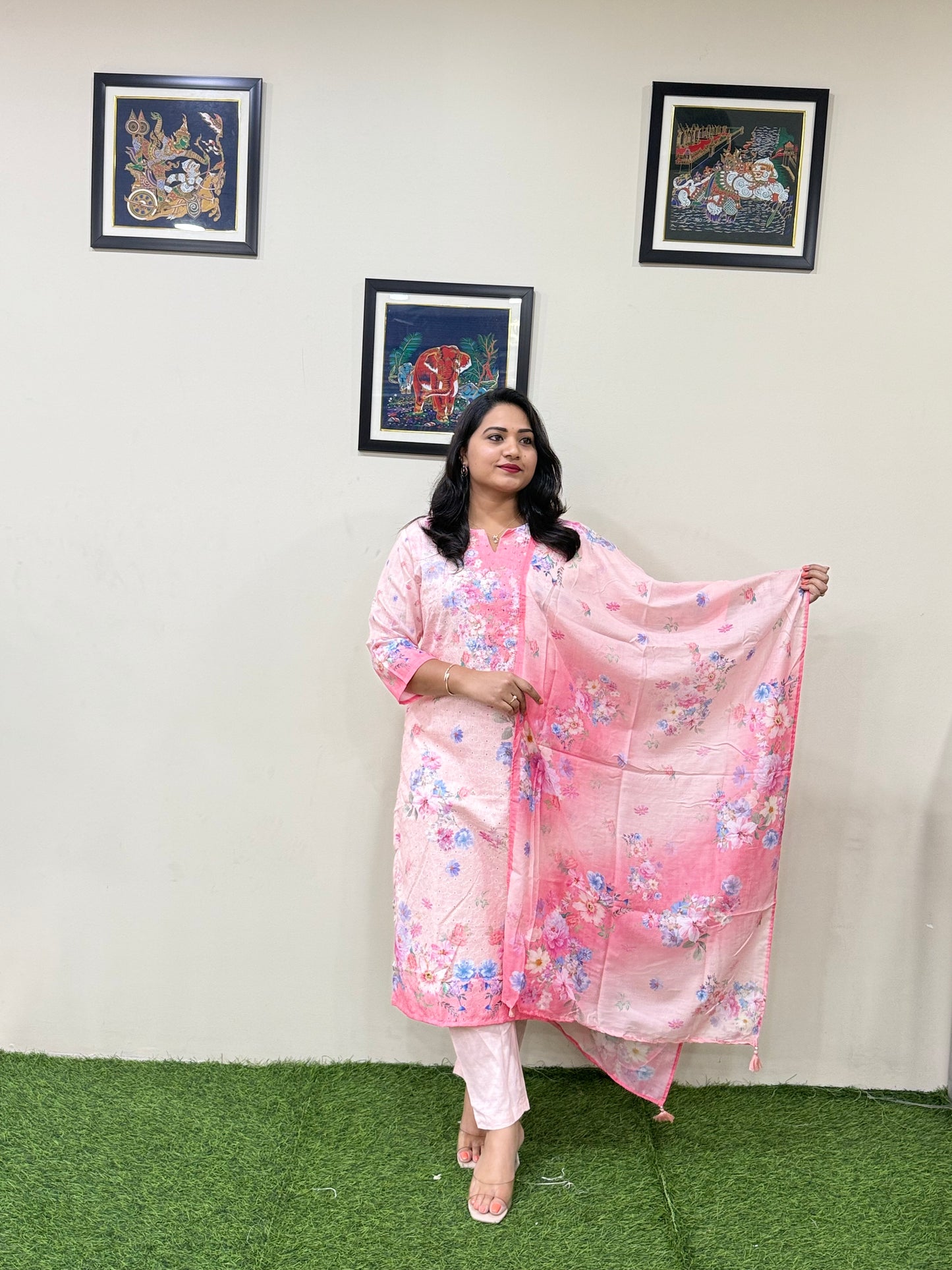 Women’s Linen Schiffli Embroidered Kurta Set with Cotton Pant and Viscose Mal Dupatta – L to 3XL