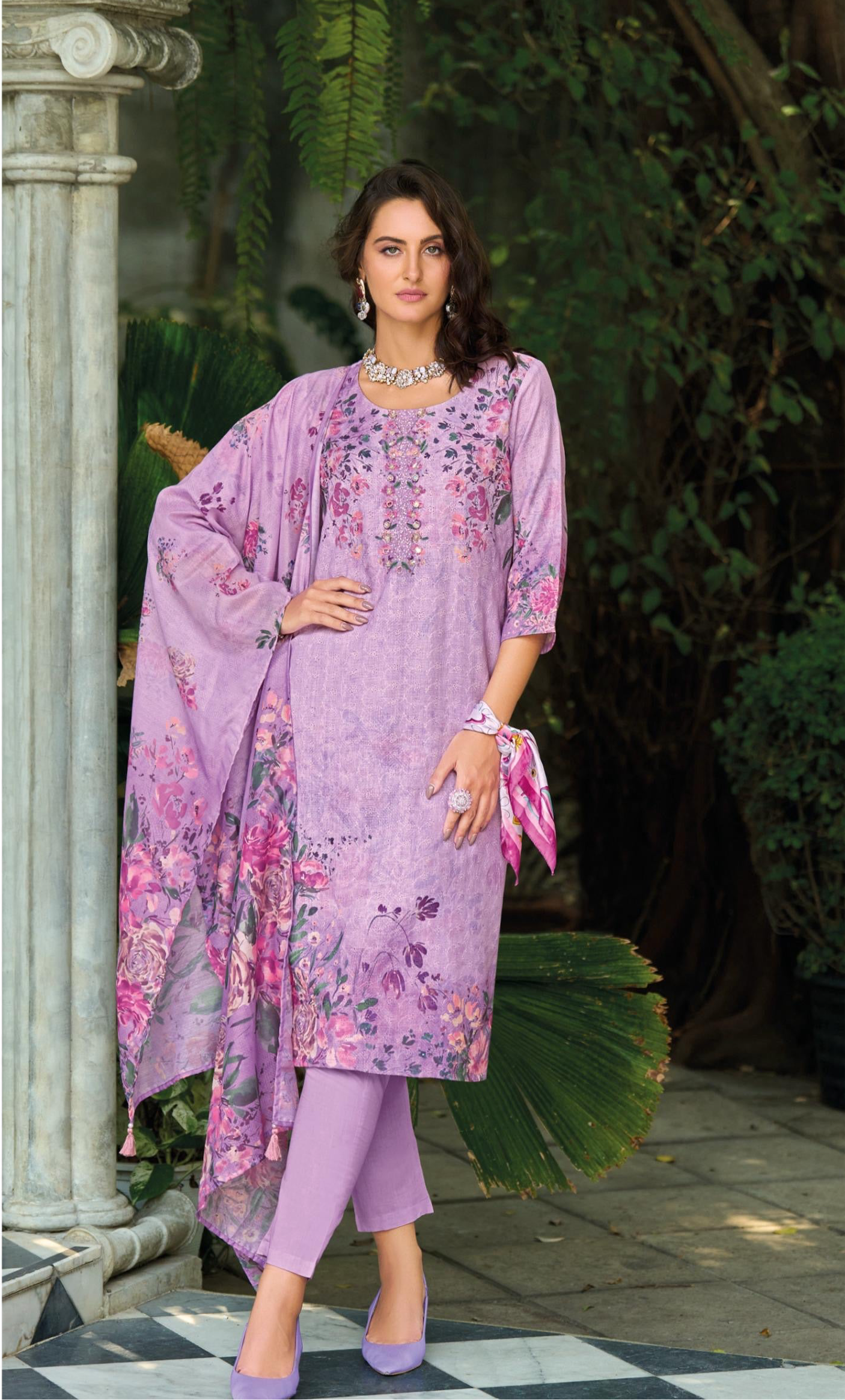 Women’s Linen Schiffli Embroidered Kurta Set with Cotton Pant and Viscose Mal Dupatta – L to 3XL