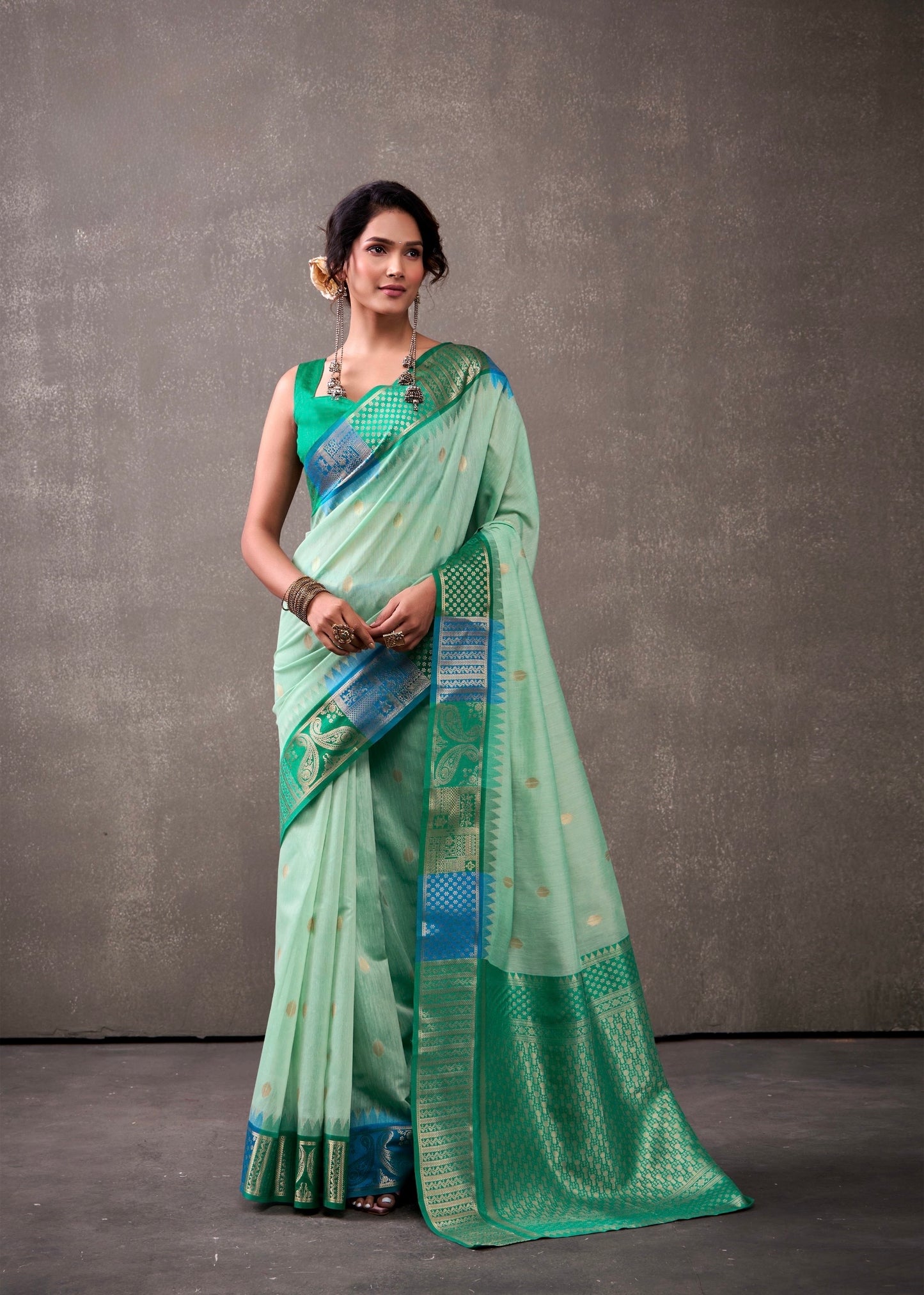 royal modal cotton saree with zari border and contrast blouse – festive ethnic wear for women