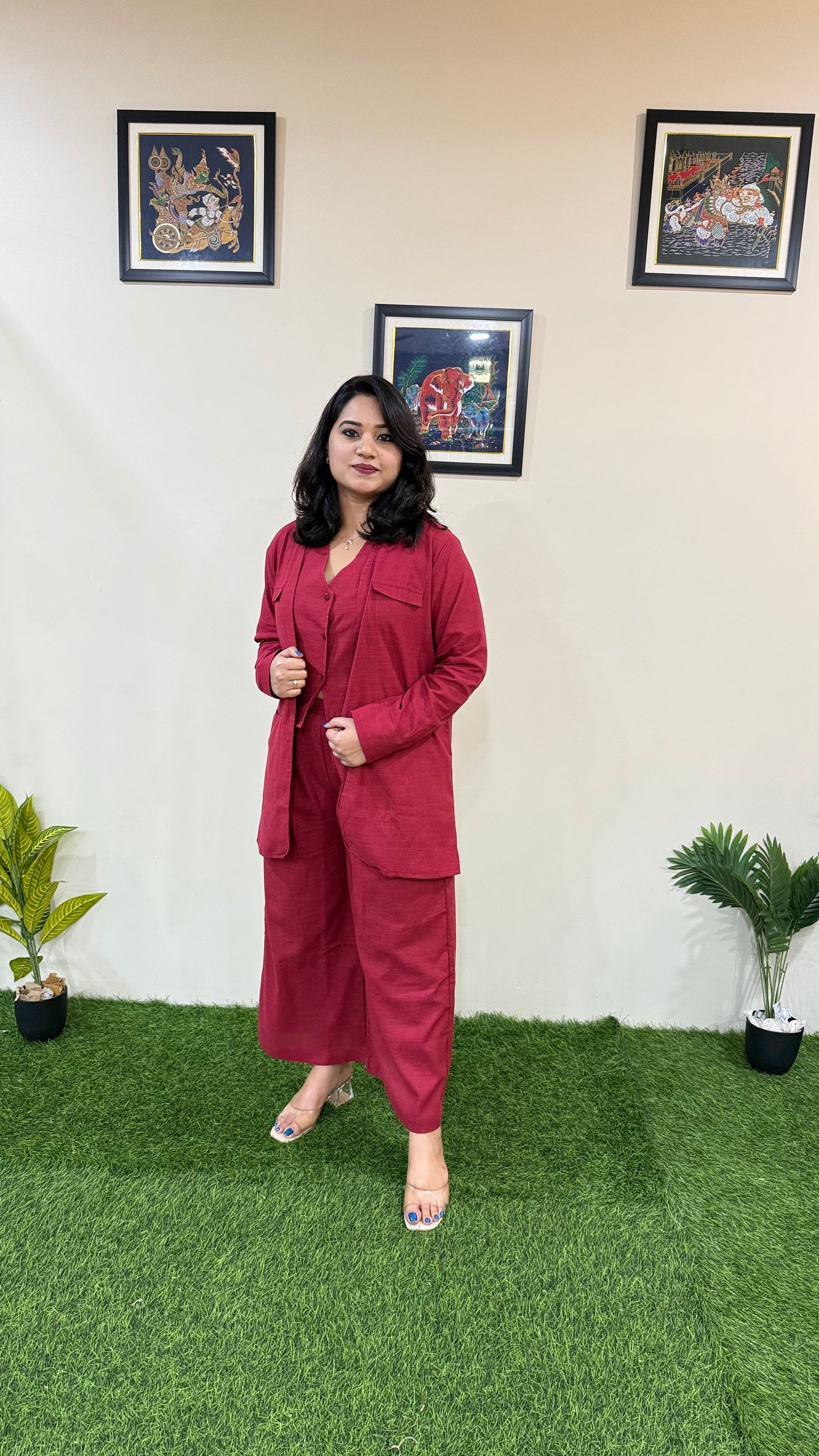 Bell-Bottom Pants with Halter Neck Waistcoat and Long Blazer