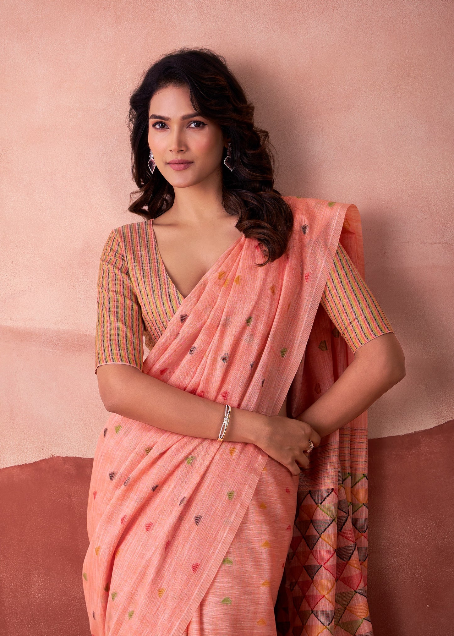 linen silk printed saree with geometric pallu and multicolor motifs – ethnic wear for women
