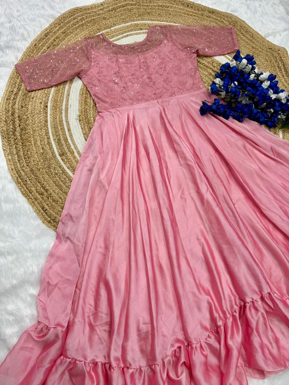 Stunning Pastel Pink Party Wear Gown with Butterfly Net and Embroidery