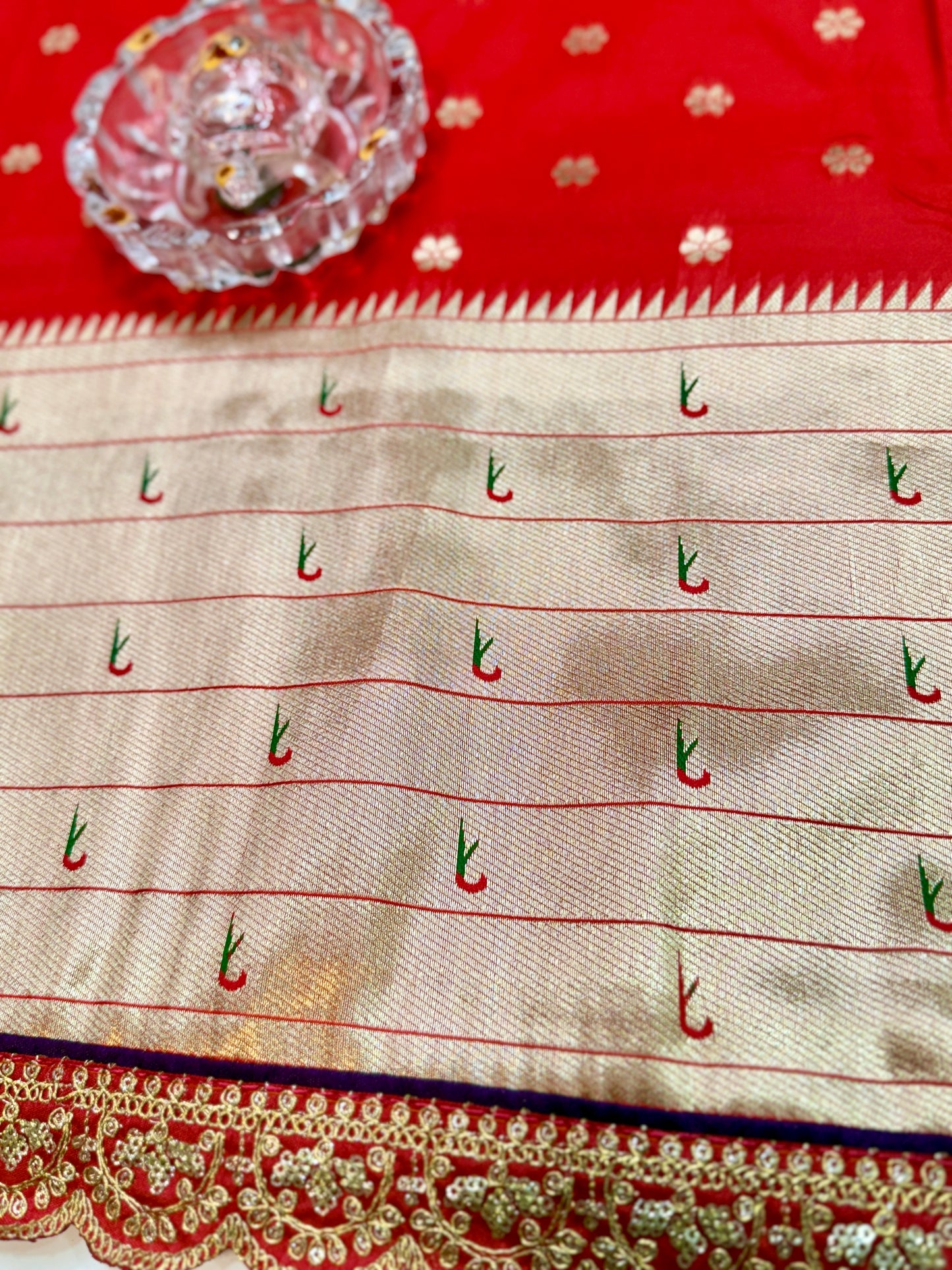 Paithani Lace Border Saree with Parrot Motifs and Contrast Blouse