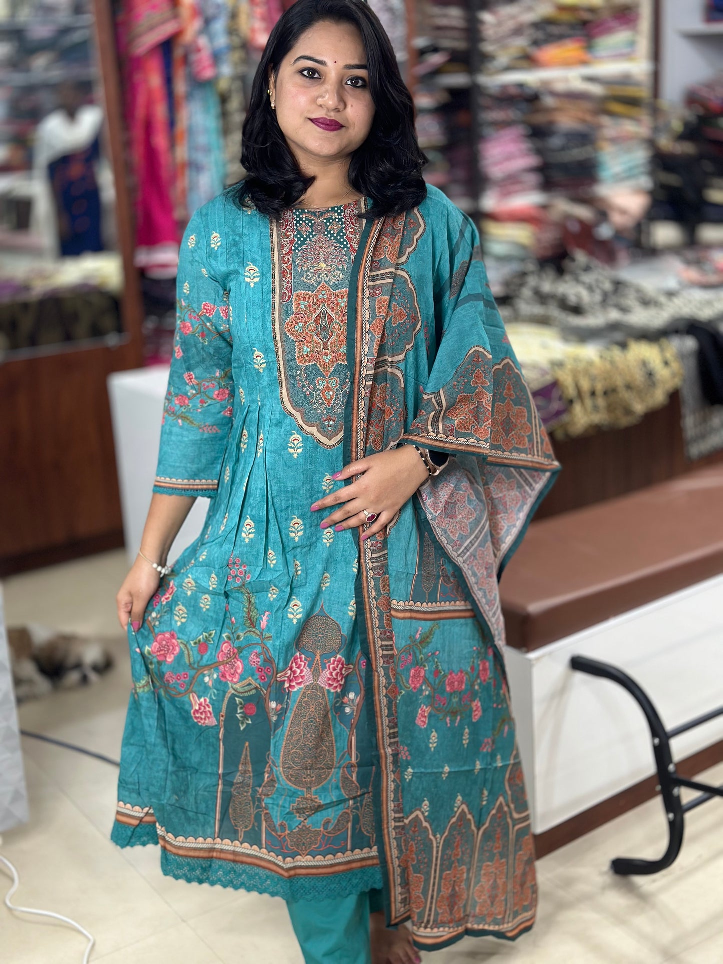 Mughal Print Mul Cotton A-Line Kurti Pant Dupatta Set with Zari and Mirror Work – Women’s Ethnic Wear