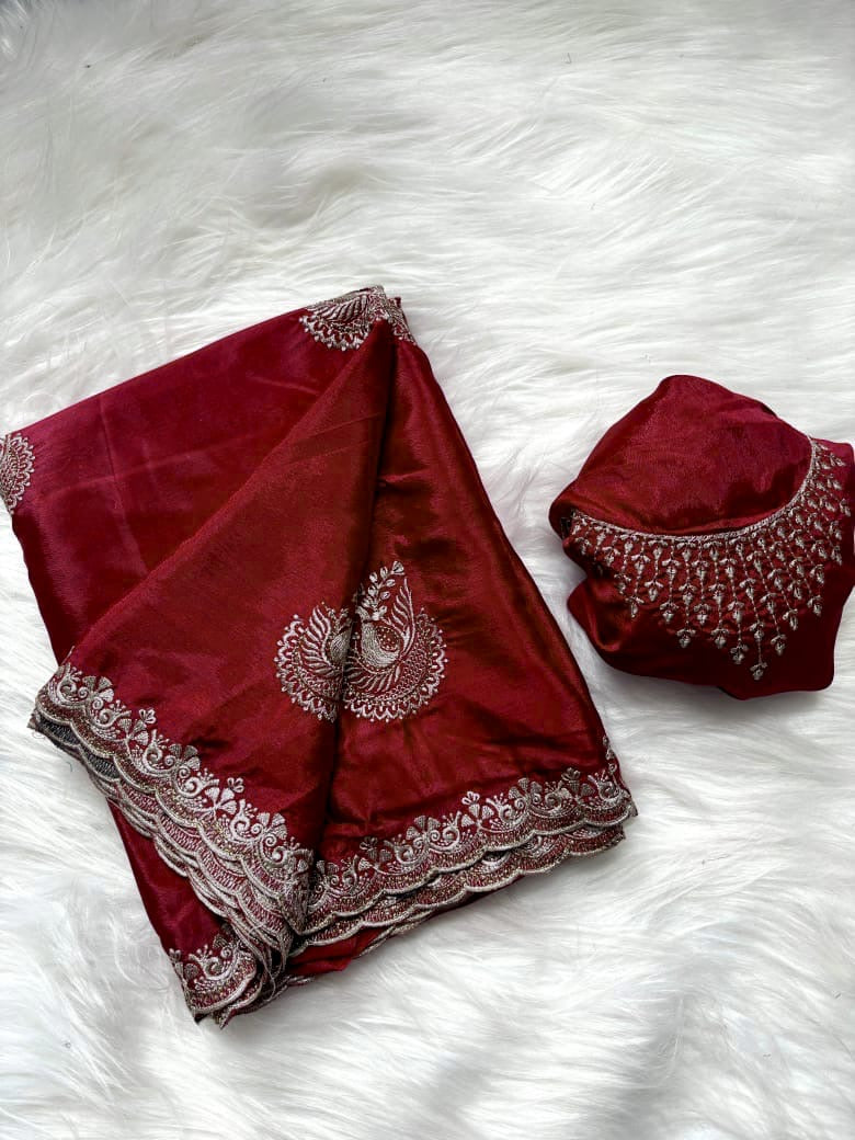 Embroidered Chinnon Fancy Saree