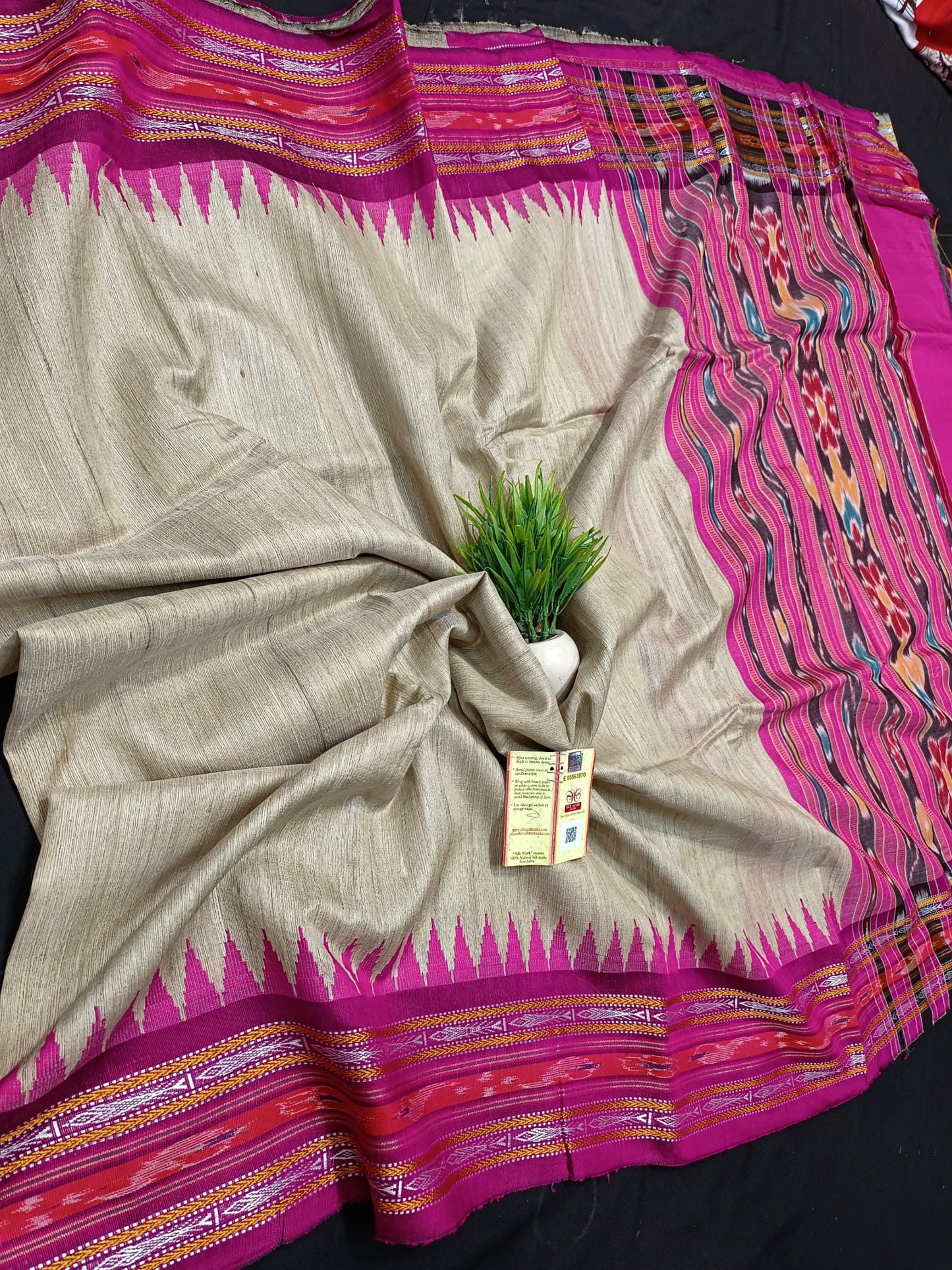 CLEARANCE SALE Elegance Embroidered Handloom Tussar Silk Saree with Ikkat and Vidarbha Temple Border