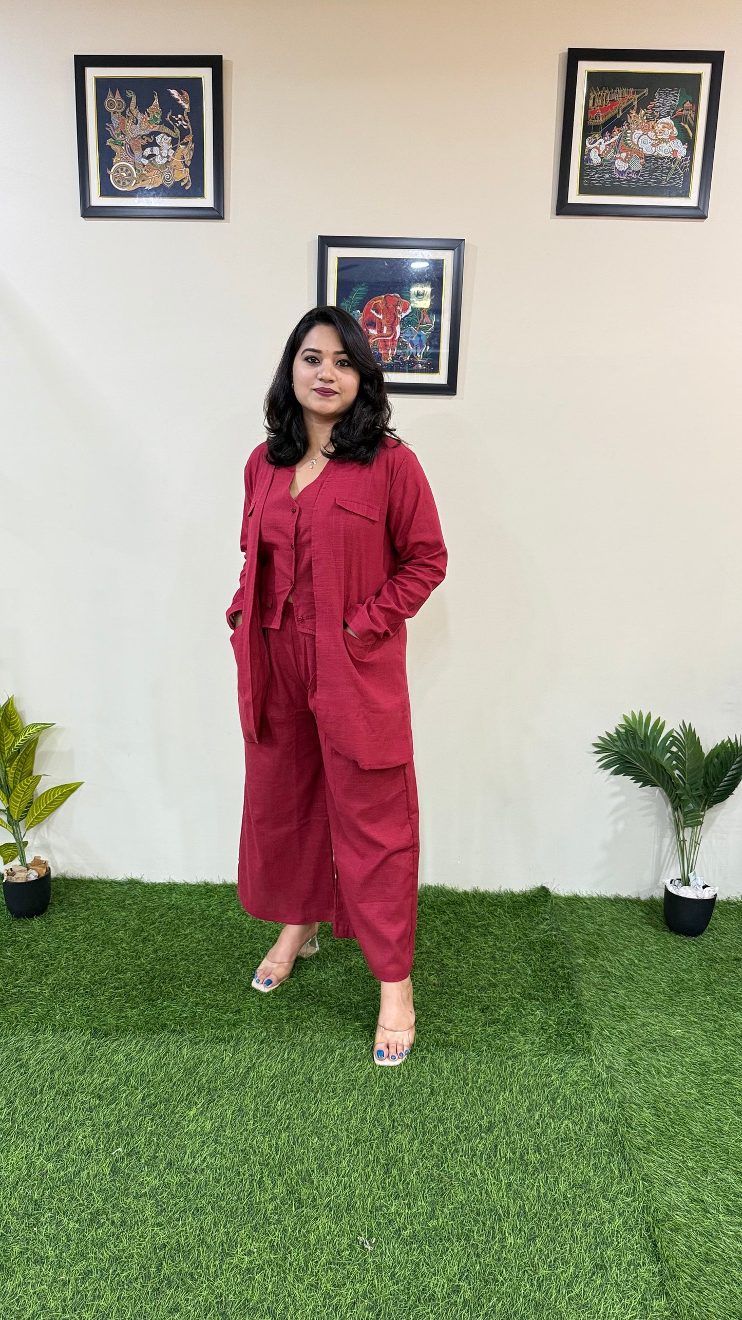 Bell-Bottom Pants with Halter Neck Waistcoat and Long Blazer