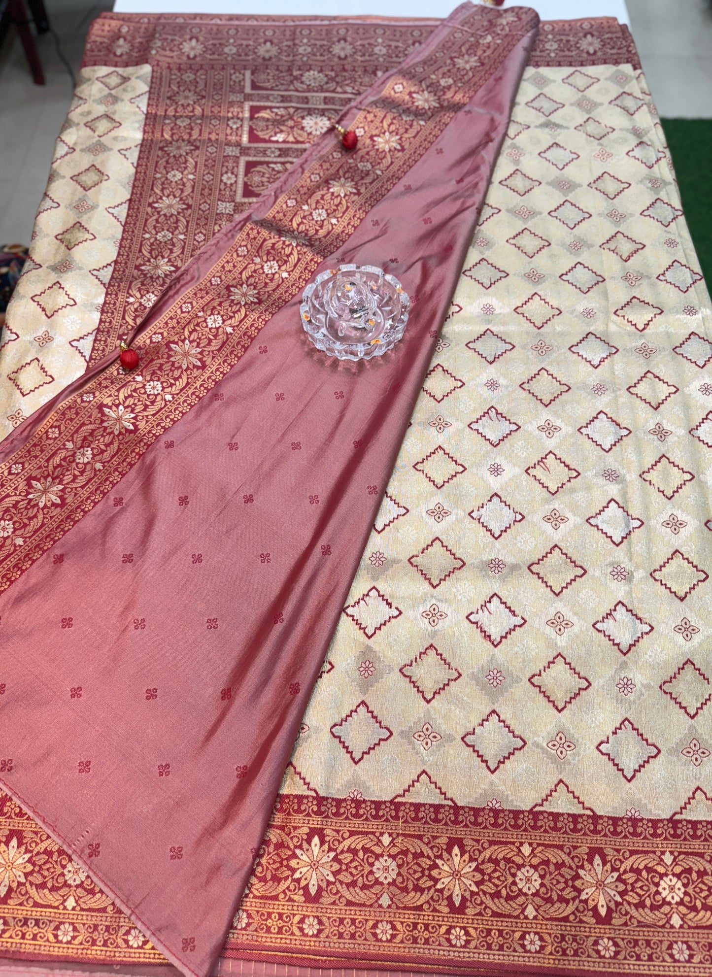 Kanjivaram Soft Silk Saree with Meenakari Weaving, Broad Pattu and Potli Tassels – Wedding Silk Saree for Women