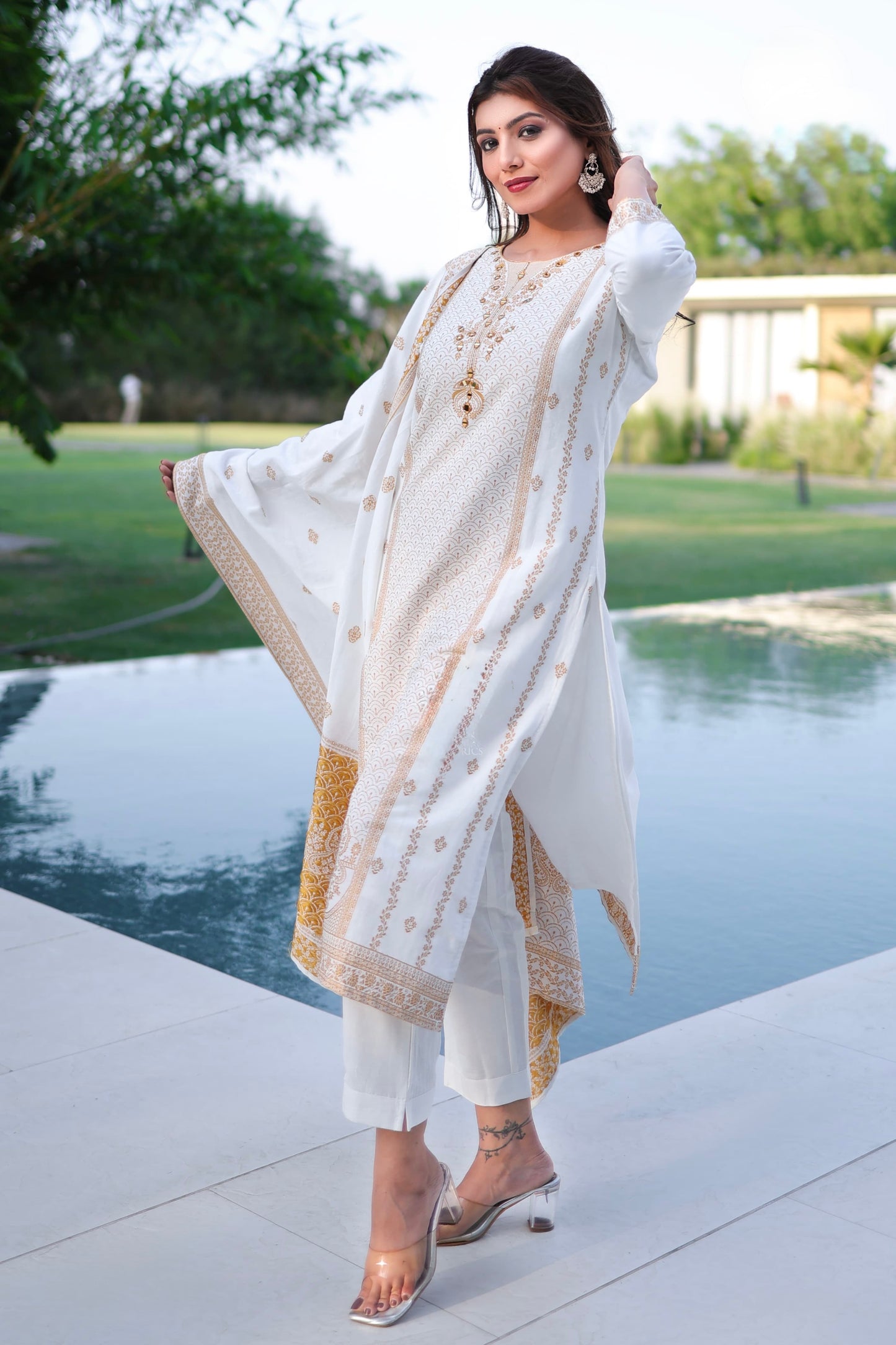 Pure Cotton Jacquard Kurti Pant Dupatta Set with Mirror Work Detailing for Women