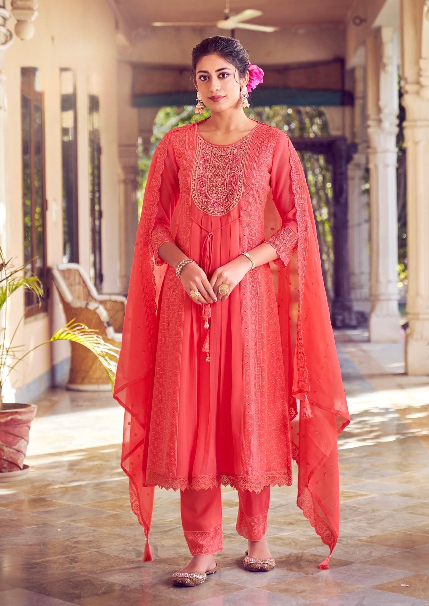Women’s Georgette Embroidered Suit Set with Mirror Work Neck and Lace Border Pant – L to 3XL