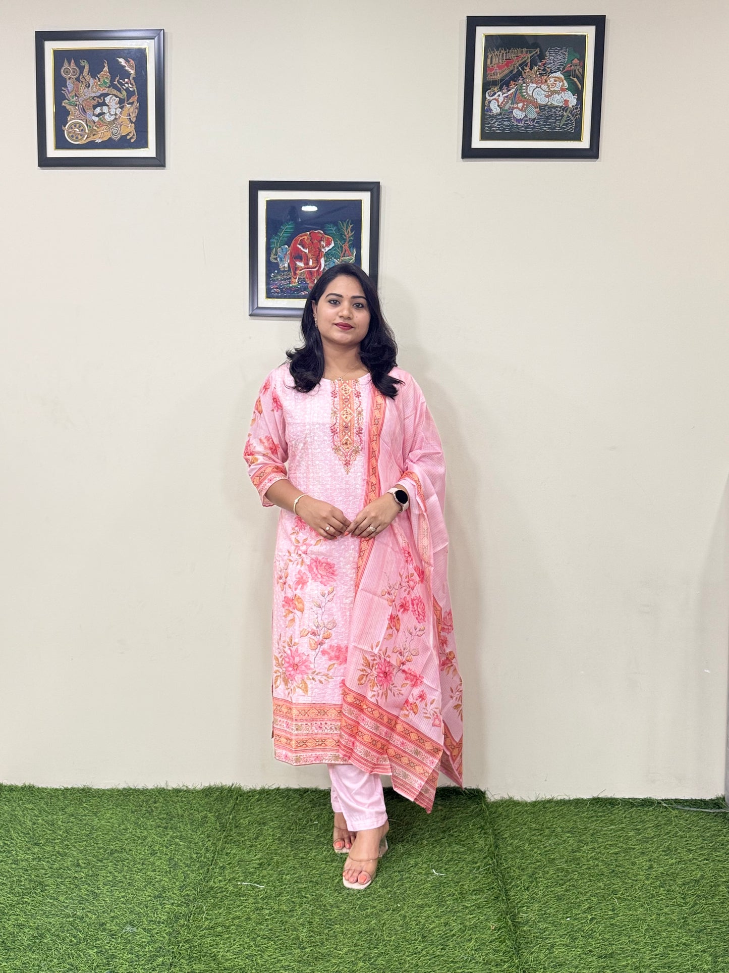 Cotton Schiffli Digital Print Suit Set with Muslin Dupatta and Khatli Handwork – L to 3XL