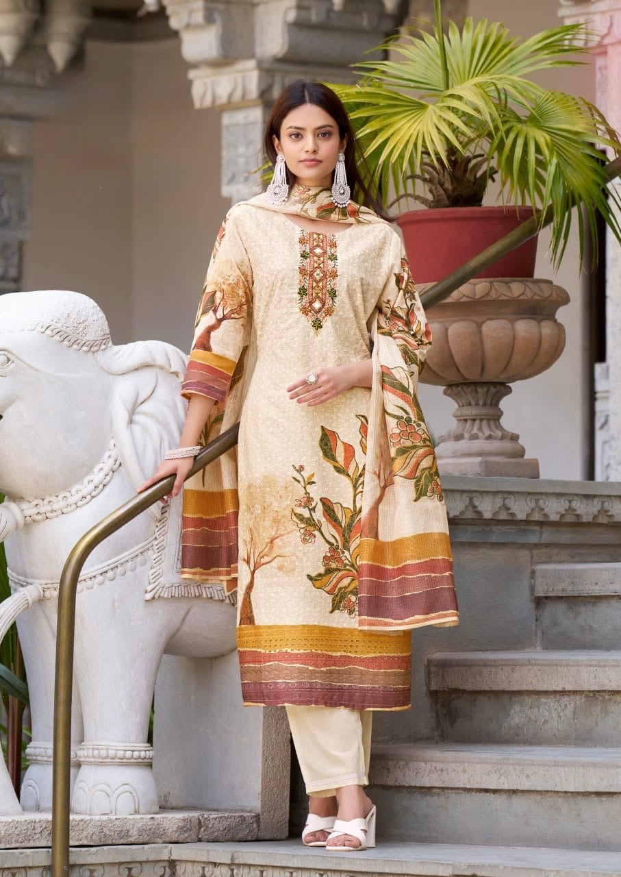 Cotton Schiffli Digital Print Suit Set with Muslin Dupatta and Khatli Handwork – L to 3XL