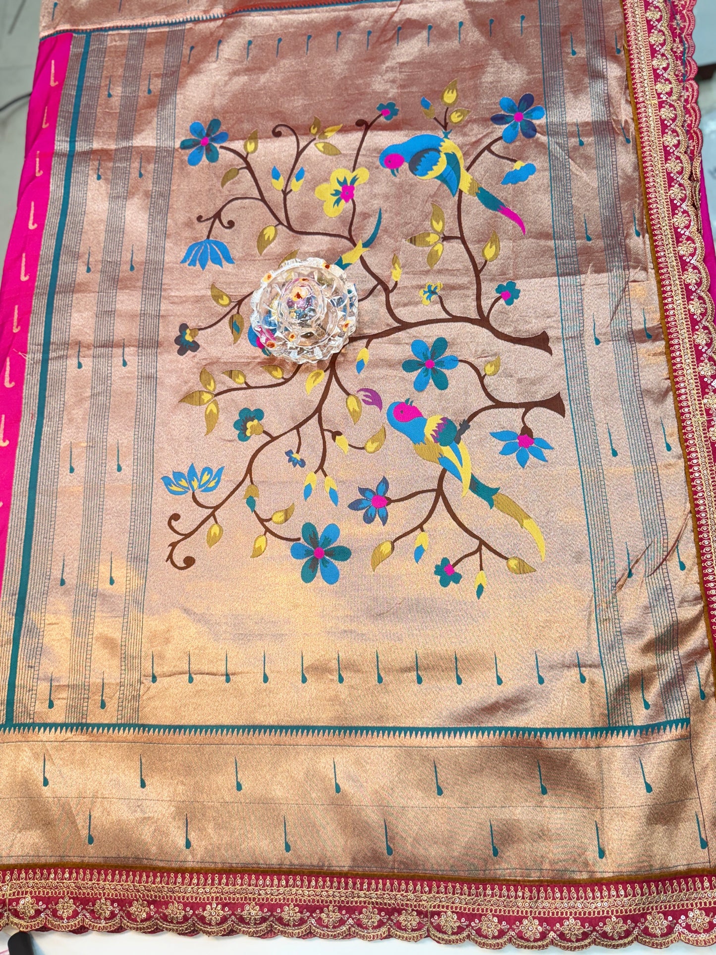Paithani Lace Border Soft Silk Saree with Contrast Blouse for Women