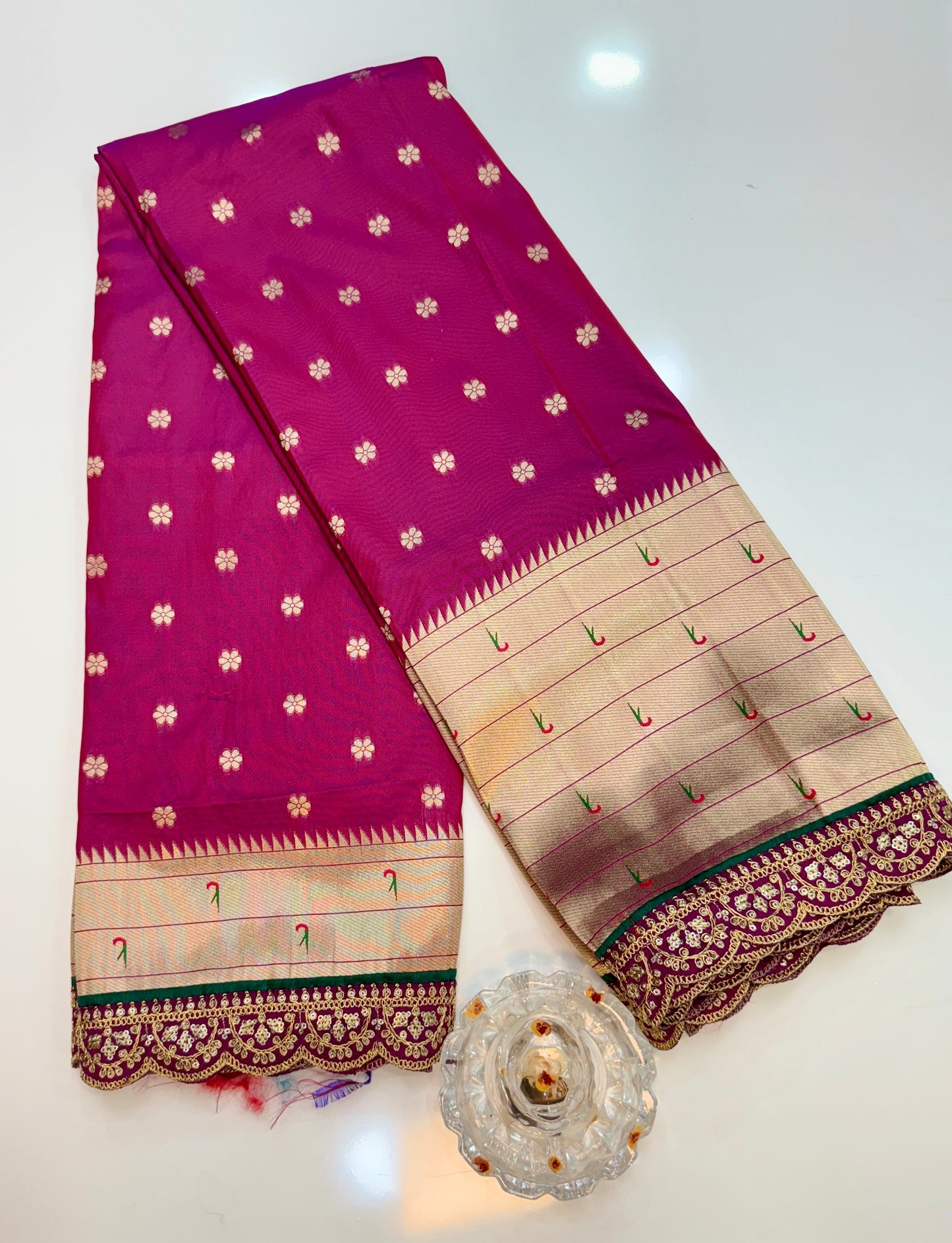 Paithani Lace Border Saree with Parrot Motifs and Contrast Blouse