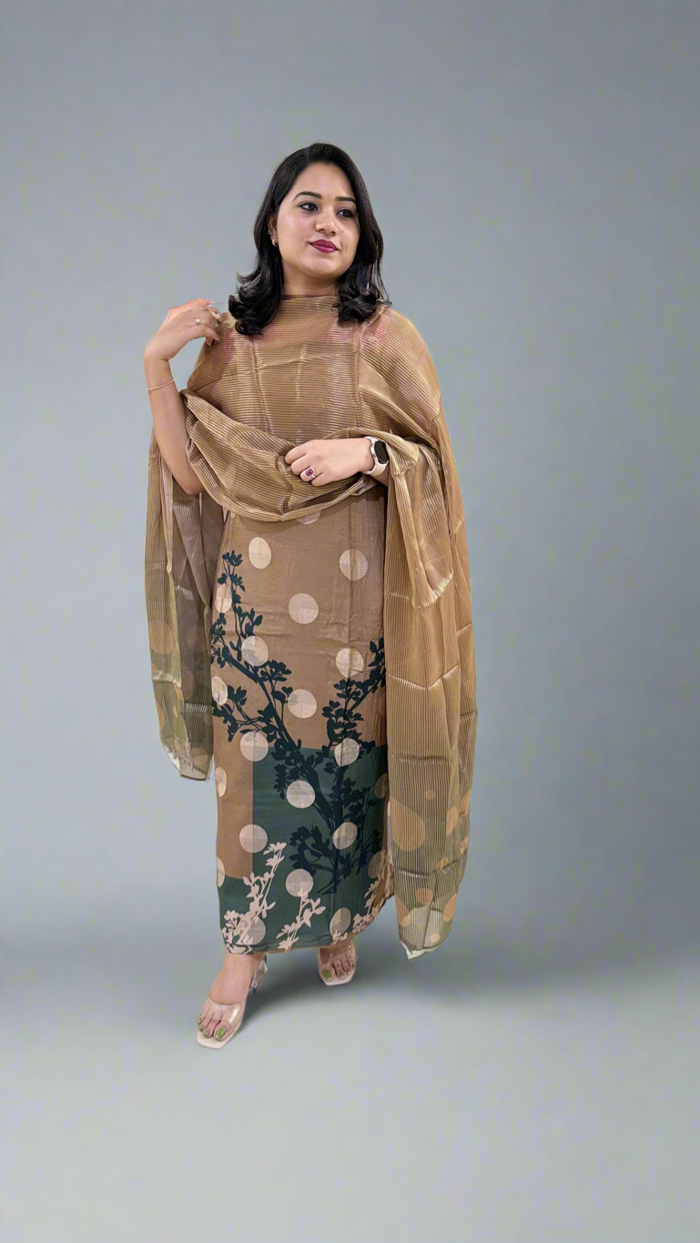 Unstitched Muslin Jacquard Dress Material with Digital Print, Canvas Satin Bottom and Silk Embroidered Dupatta